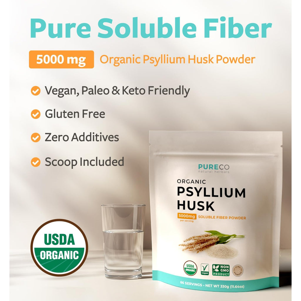 Psyllium Husk Powder Organic Certified - Finely Ground Whole Psyllium Husk Organic Fiber Powder for Baking Smoothies & More - Vegan Gluten Free Non-GMO & Filler Free Soluble Fiber (66 Servings)
