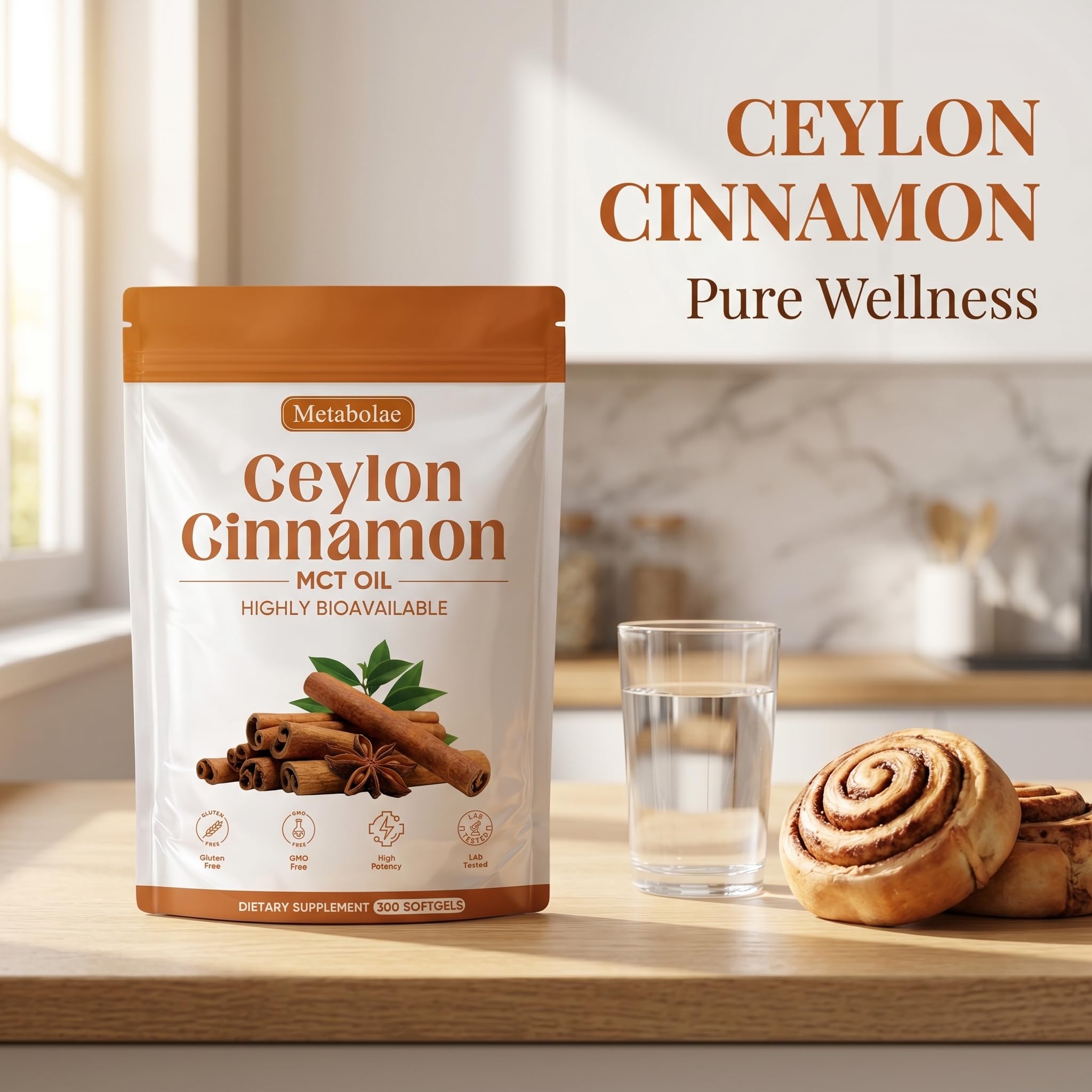 Metabolae Ceylon Cinnamon - 300 Softgels, 12:1 Concentrated Cinnamon Extract with MCT Oil, High Absorption Formula, Daily Wellness Support Supplement, Non-GMO & Gluten-Free