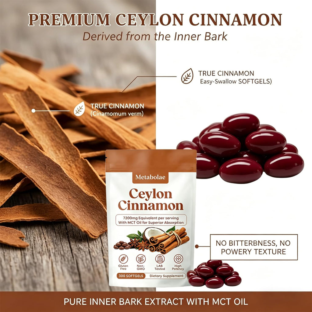 Metabolae Ceylon Cinnamon Extract Capsules with MCT Oil, 300 Softgels, 12:1 High Potency Extract, True Cinnamon Supplements, Non-GMO & Gluten Free, Easy-to-Swallow, Vegan Friendly