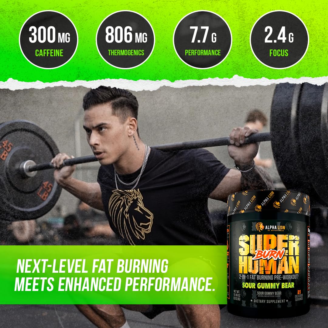 ALPHA LION Superhuman Burn, 2 in 1 Metabolism Booster Pre Workout and Men's Thermogenic Fat Burner, Sour Gummy Bear (Hulk Juice), Package Varies
