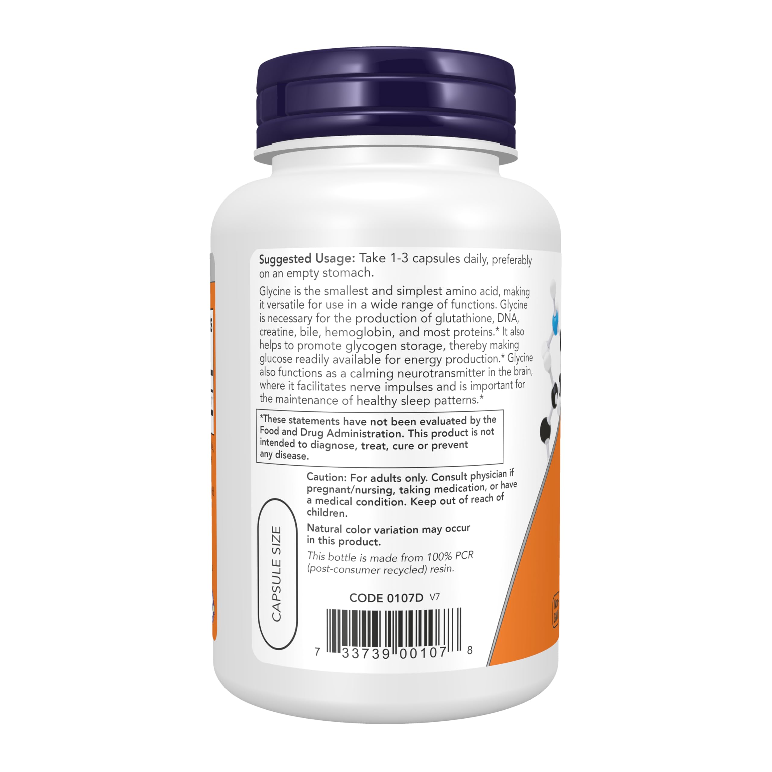 NOW Foods Supplements, Glycine 1,000 mg Free-Form, Neurotransmitter Support*, 100 Veg Capsules