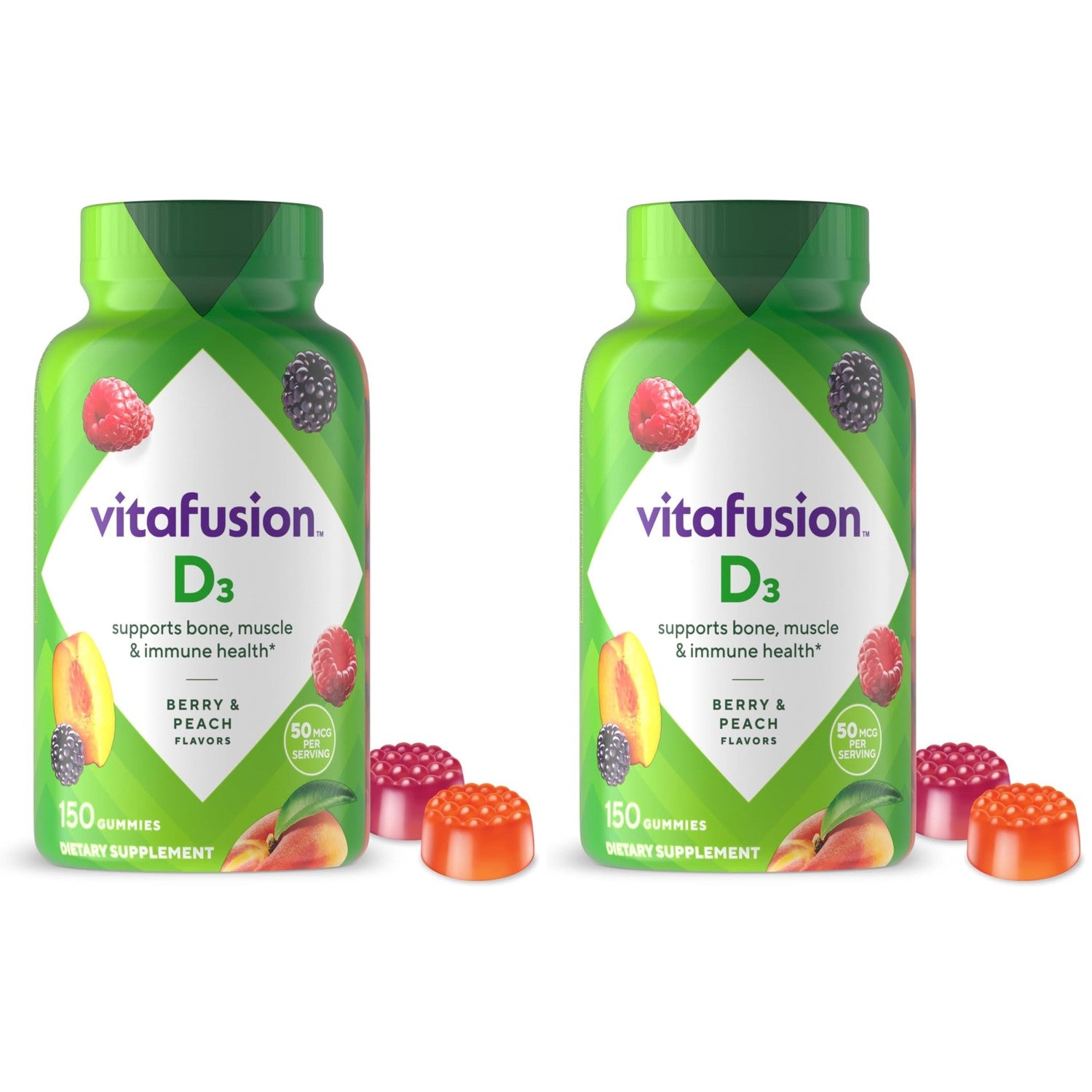Vitafusion Vitamin D3 Gummies | 50 mcg | 150 Gummy Vitamins | for Adult Women and Men | Berry & Peach Flavor | Gluten-Free Bone and Immune Supplement