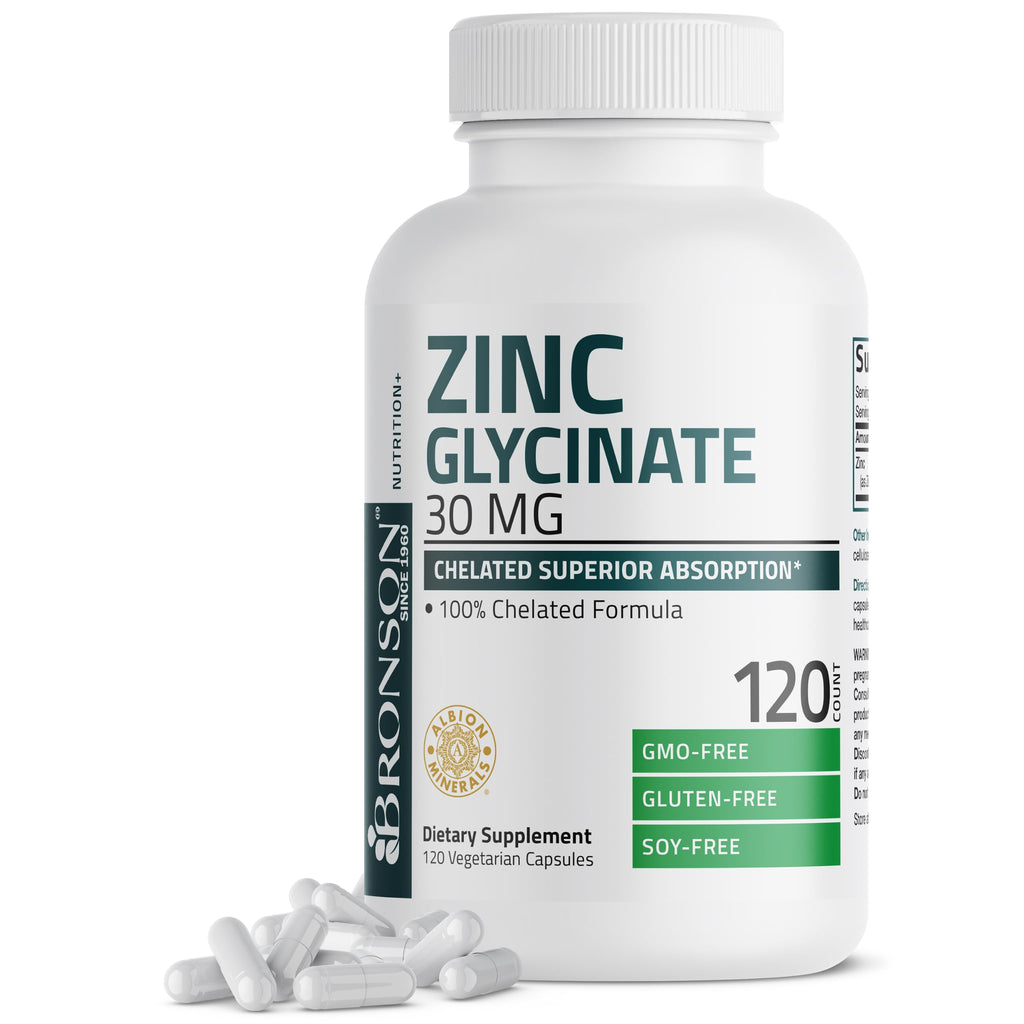 Bronson Zinc Glycinate 30 mg (Zinc Bisglycinate Chelate), 120 Capsules | 100% Chelated Zinc from Albion Minerals for Absorption & Stability, Vegetarian, Non-GMO, Gluten-Free & Soy-Free