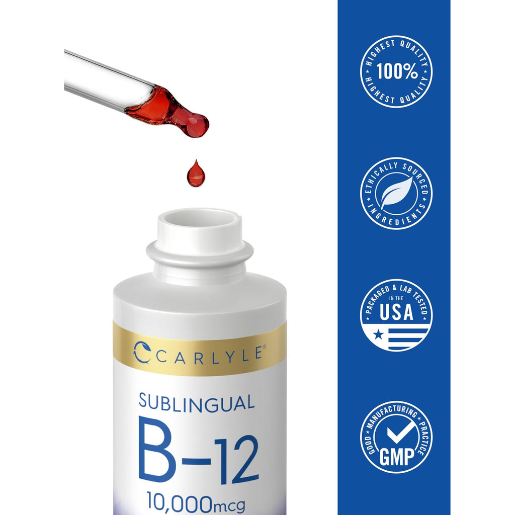 Carlyle Vitamin B12 Sublingual Liquid Drops | 10,000 mcg | 2 fl oz | As Cyanocobalamin and Methylcobalamin | Vegetarian, Non-GMO and Gluten Free