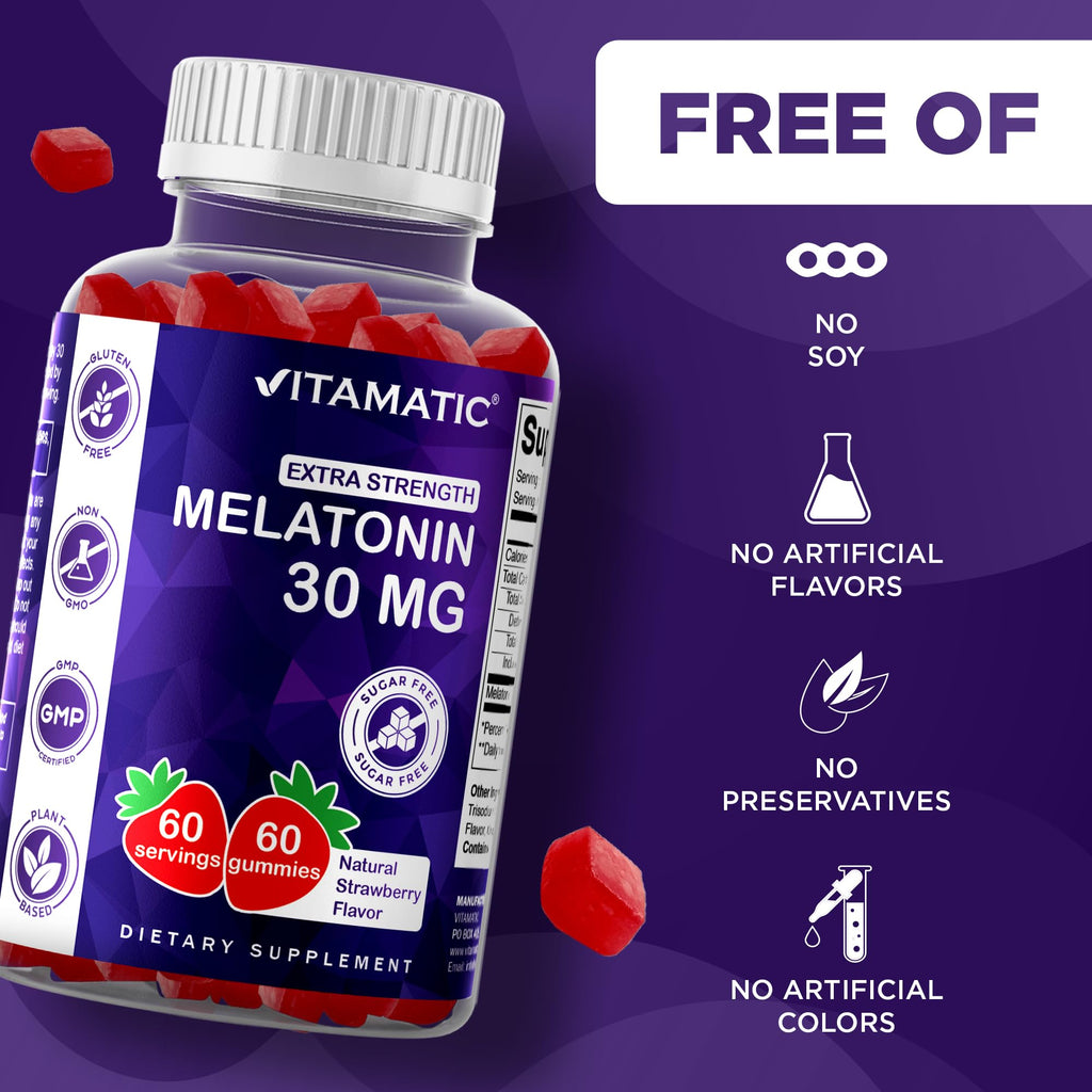 Vitamatic Sugar Free Melatonin 30mg per Gummy - 60 Servings - 60 Vegetarian Gummies - Non-Habit Forming Supplement (60 Count (Pack of 1)) | 60 Vegetarian Gummies, Non-Habit Forming, Supplement