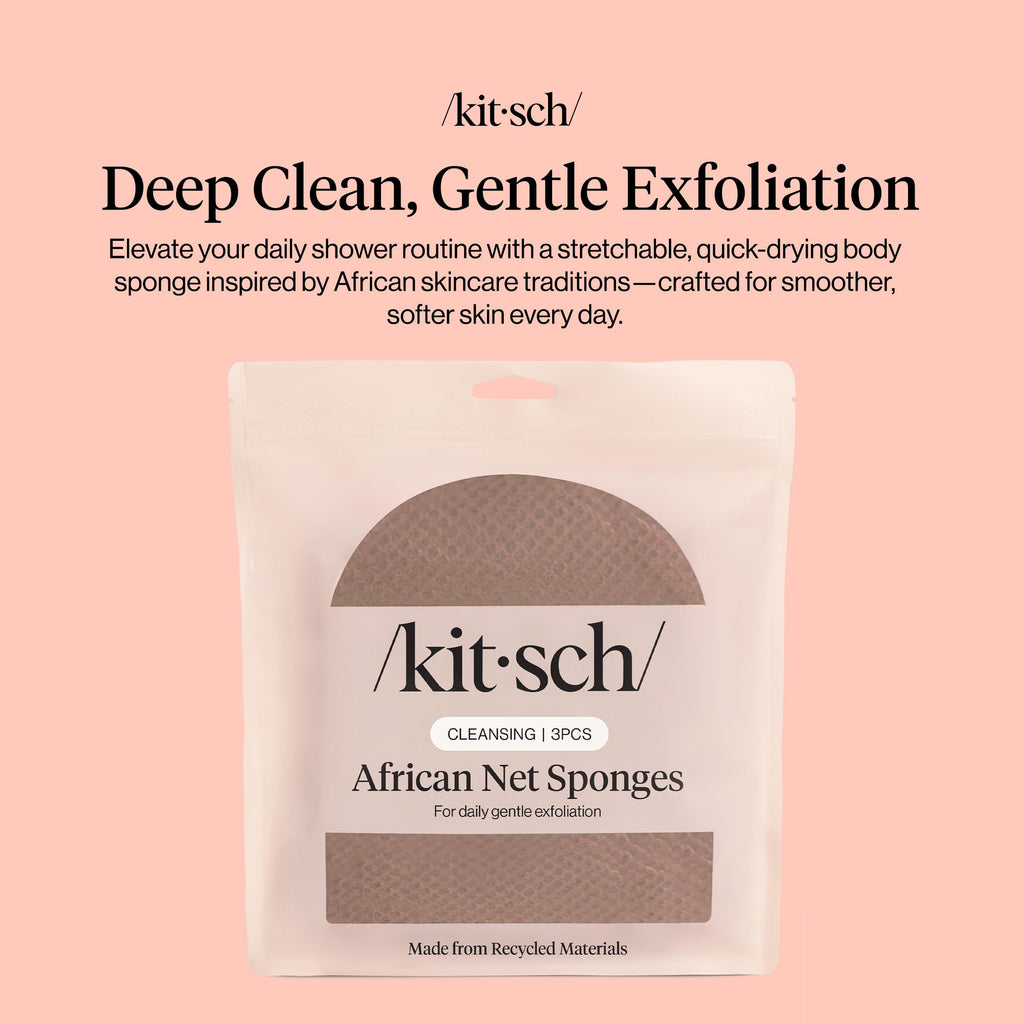 Kitsch African Net Sponge – Exfoliating Body Scrubber – Rosewood, 3 Pcs | for Cleansing & Gentle Daily Exfoliation – Stretchable Bath Sponge for Hard-to-Reach Areas – Long-Lasting Shower Essential