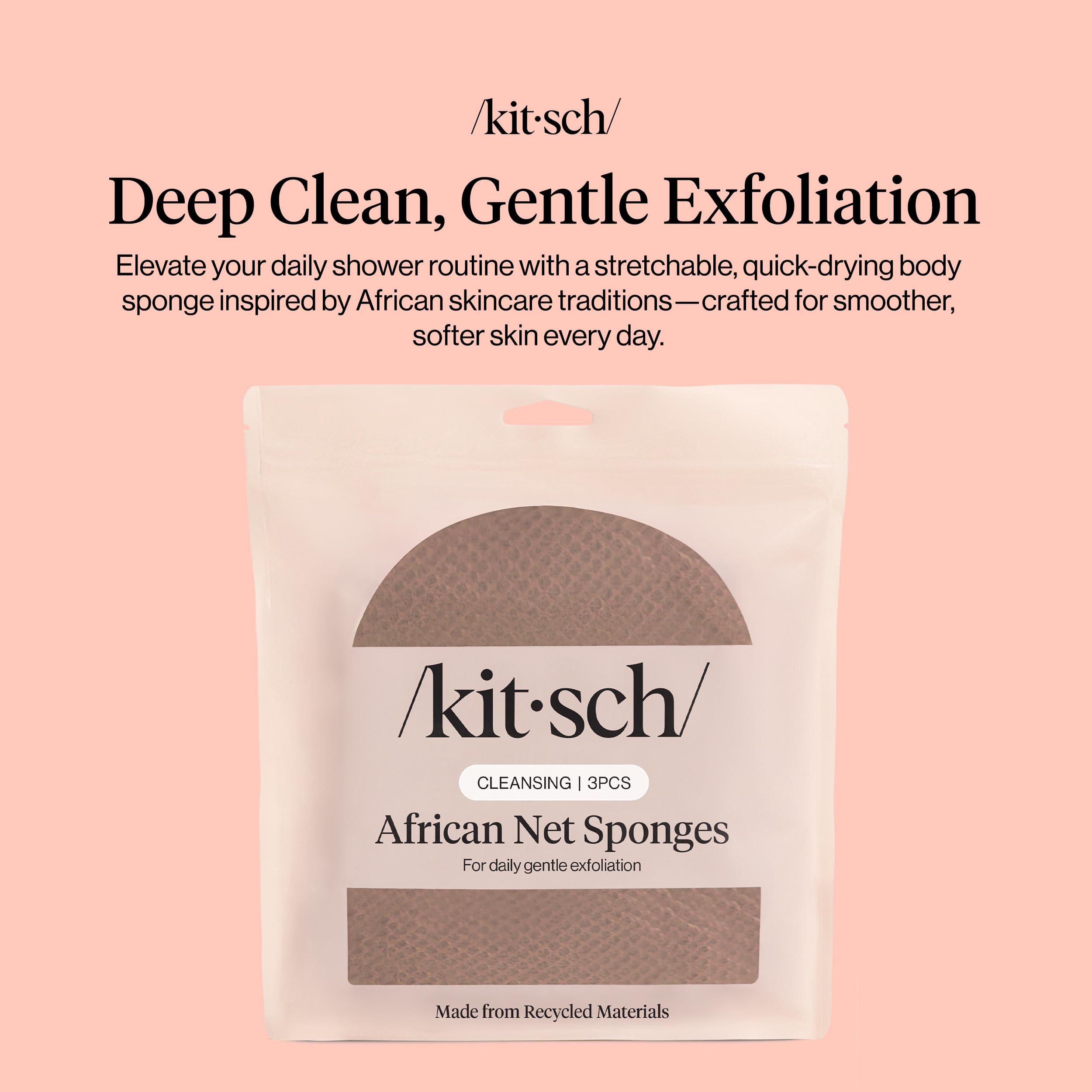 Kitsch African Net Sponge – Exfoliating Body Scrubber – Rosewood, 3 Pcs | for Cleansing & Gentle Daily Exfoliation – Stretchable Bath Sponge for Hard-to-Reach Areas – Long-Lasting Shower Essential