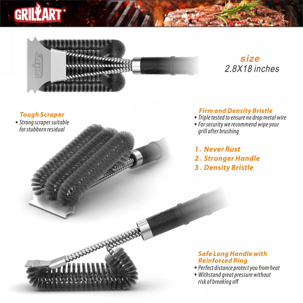 GRILLART Grill Brush and Scraper,18'' Deluxe Adjustable Handle BBQ Cleaner