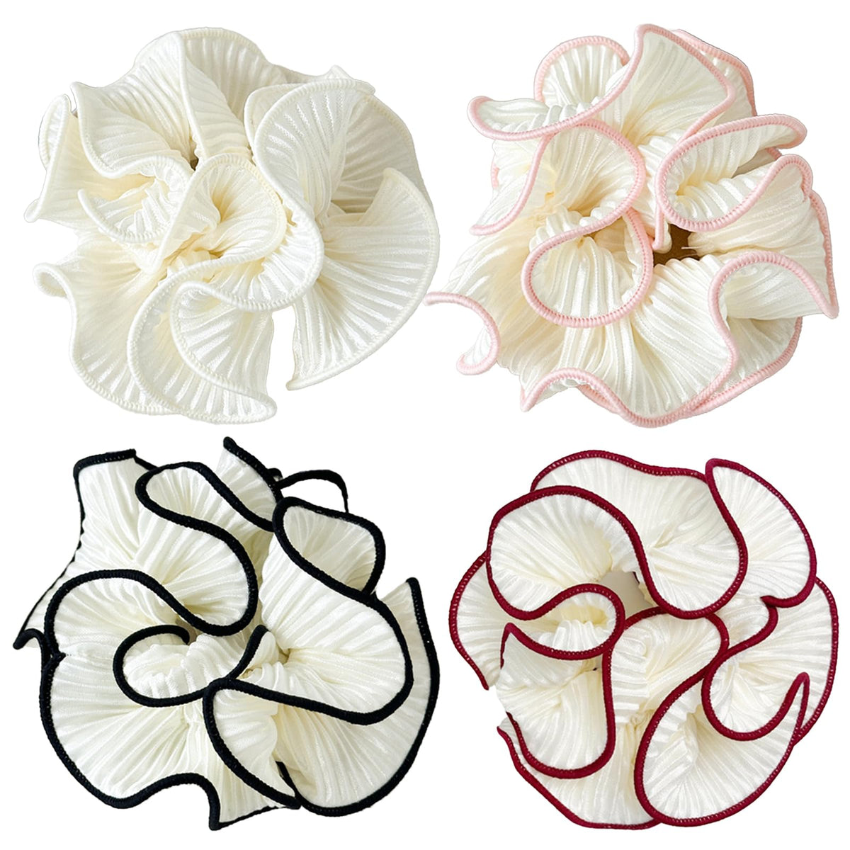 4 Pack Oversized Puffy Hair Scrunchies, 4.72 Inch Double Layer Pleated Ruffle Design, White with Colored Trim, Extra Large Hair Ties for Buns Ponytail Holders for Voluminous Look