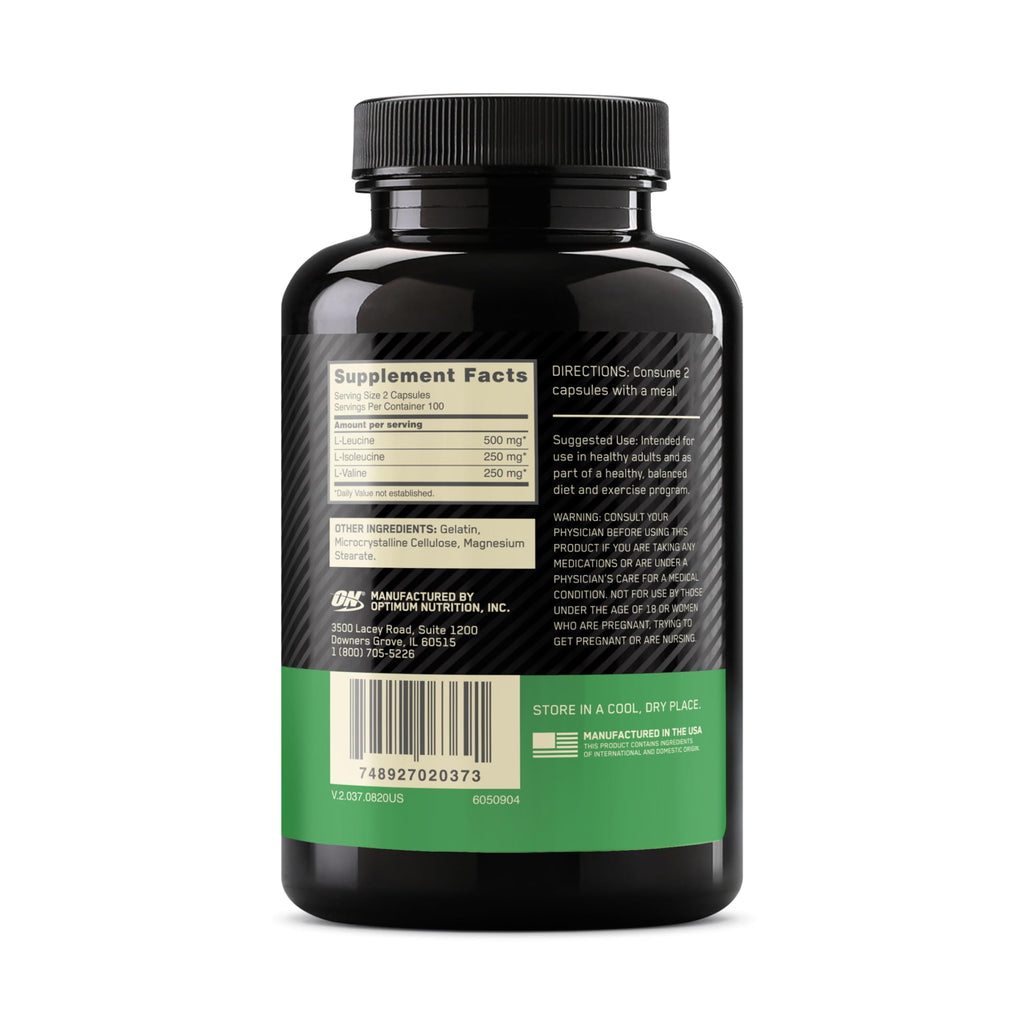 Optimum Nutrition BCAA Capsules, Keto Friendly, 1000mg, 200 Ct | Easy to Swallow Capsules, Branched Chain Amino Acid Support, 2:1:1 ratio of L-Leucine, L-Isoleucine and L-Valine per serving