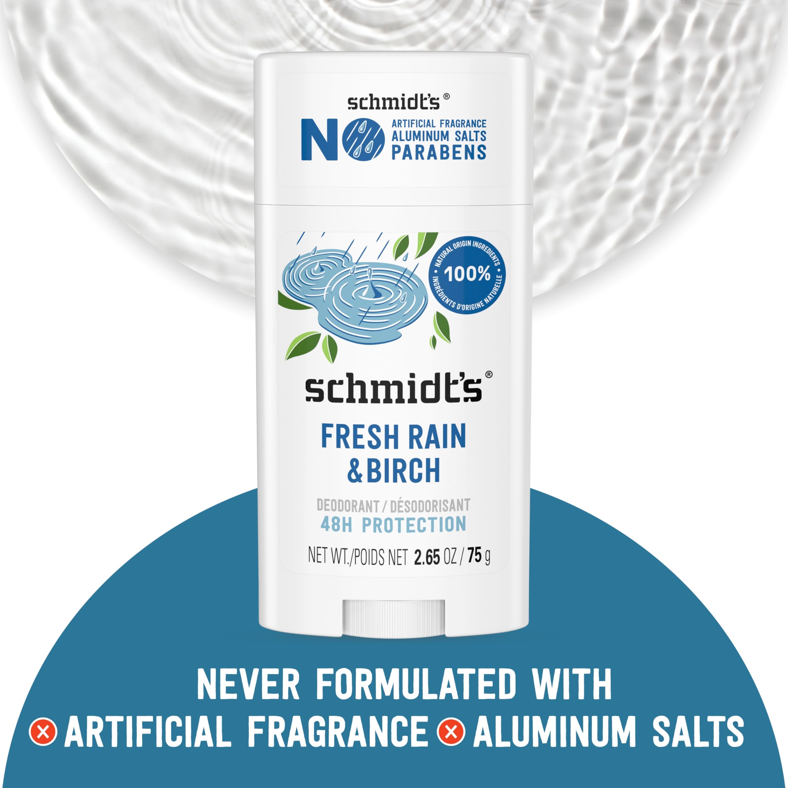 Schmidt's Aluminum-Free Vegan Deodorant Fresh Rain & Birch with 24 Hour Odor Protection, for Women and Men, Natural Ingredients, Cruelty-Free, 2.65 oz