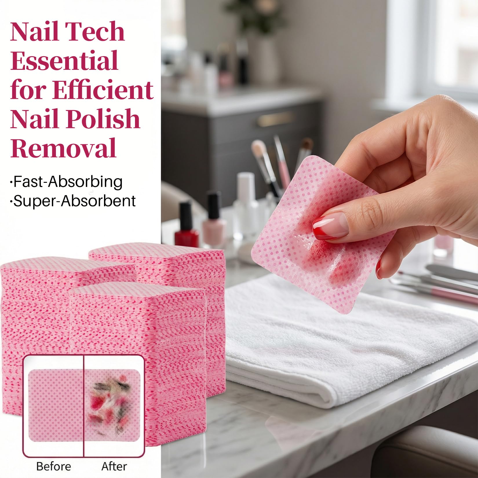 MAQIHAN 600 Lint Free Nail Wipes - Pink Nail Polish Remover Wipes Lint Free Nail Wipes Pads for Gel Nails No Lint Nail Glue Wipes Eyelash Extensions Toallitas Para Uñas Sin Pelusa Nail Supplies