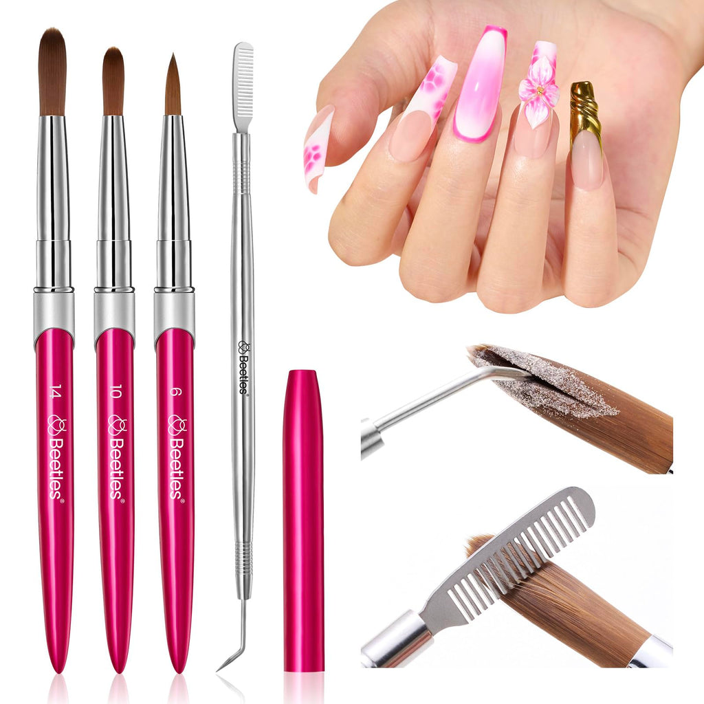 Beetles Acrylic Nail Brush Set, 3Pcs Size 6/10/14 for Acrylic Powder | Includes 3 Size Brushes with a Steel Cleaning Comb for Acrylic Powder Application, Extensions, and 3D Carving DIY Nail Art
