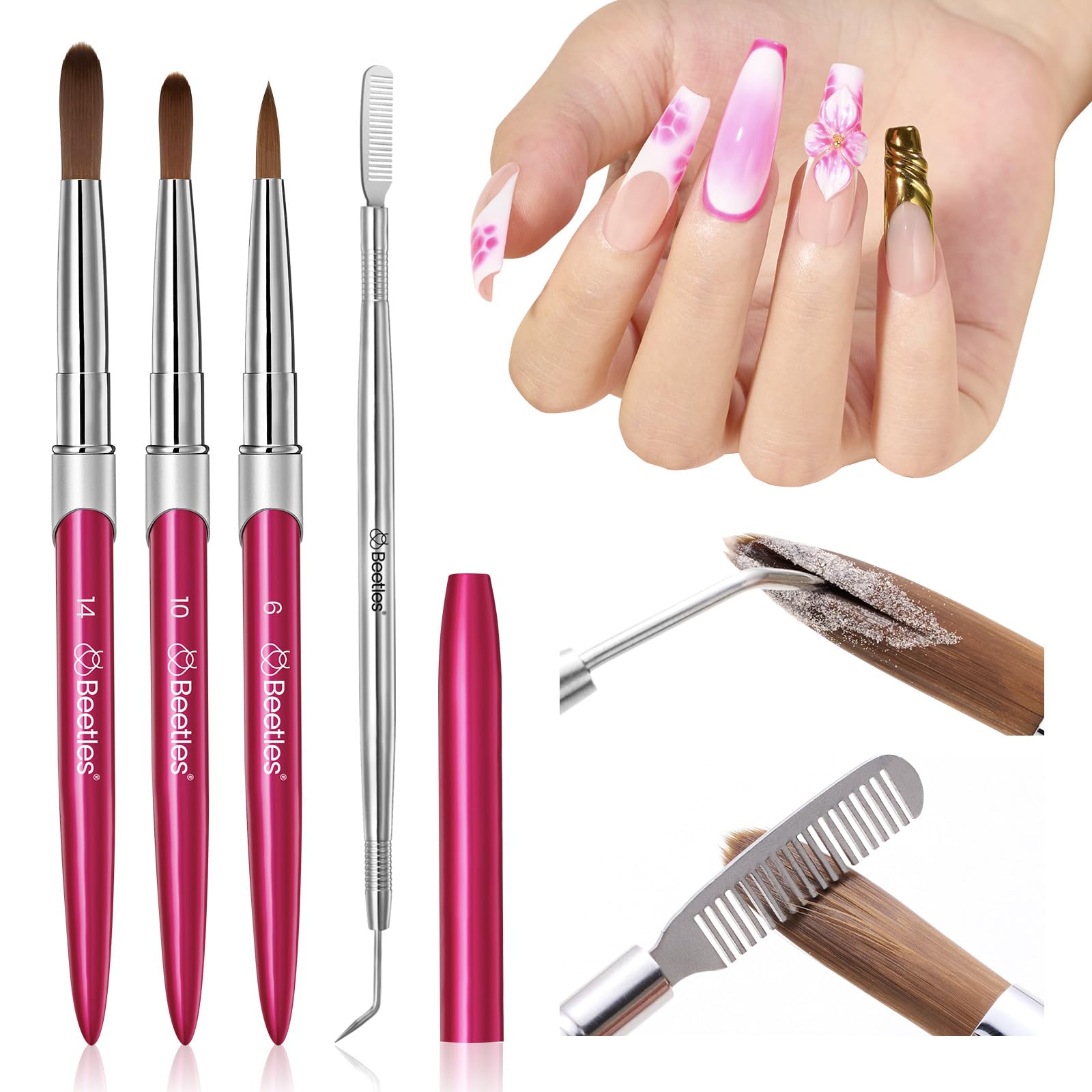 Beetles Acrylic Nail Brush Set, 3Pcs Size 6/10/14 for Acrylic Powder | Includes 3 Size Brushes with a Steel Cleaning Comb for Acrylic Powder Application, Extensions, and 3D Carving DIY Nail Art