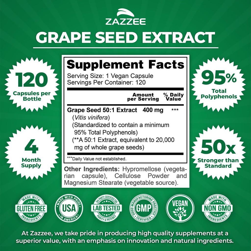Zazzee High Strength Grape Seed 50:1 Extract, 120 Capsules, 95% Polyphenols | Vegan, 400 mg per Capsule, 4 Month Supply, Antioxidant, Circulation & Blood Flow Support, Non-GMO, Made in the USA
