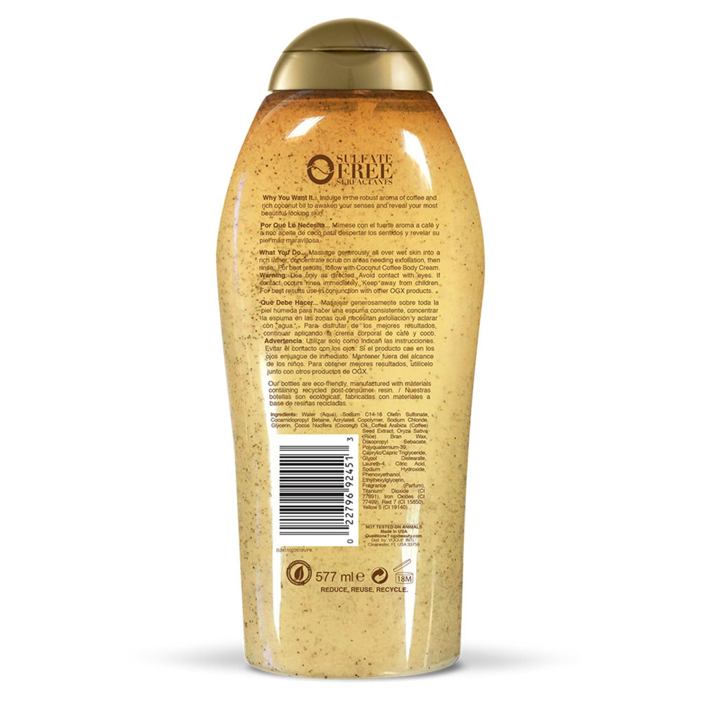 OGX Smoothing + Coconut Coffee Body Scrub, 19.5 fl oz | Infused with Arabica Coffee & Coconut Oil, Exfoliating, Hydrating Body Wash, Dry Skin, Paraben-Free, Sulfate-Free Surfactants