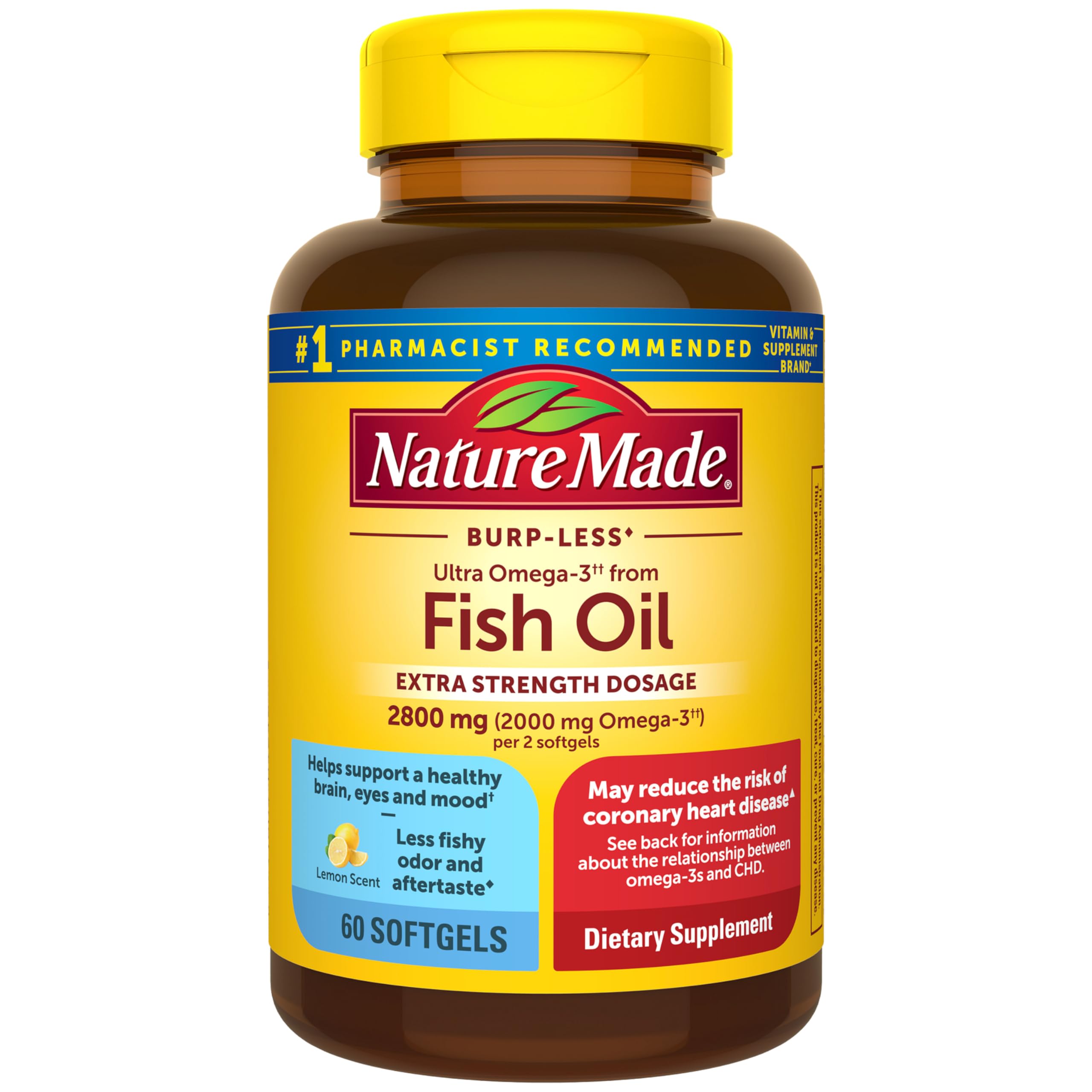Nature Made Extra Strength Dosage Omega 3 Fish Oil Supplement, 60 Softgels | Fish Oil Omega 3 Supplements as Ethyl Esters for Healthy Heart, Brain, Eye, Mood Support 2800mg per 2 Softgels, 30 Day Supply