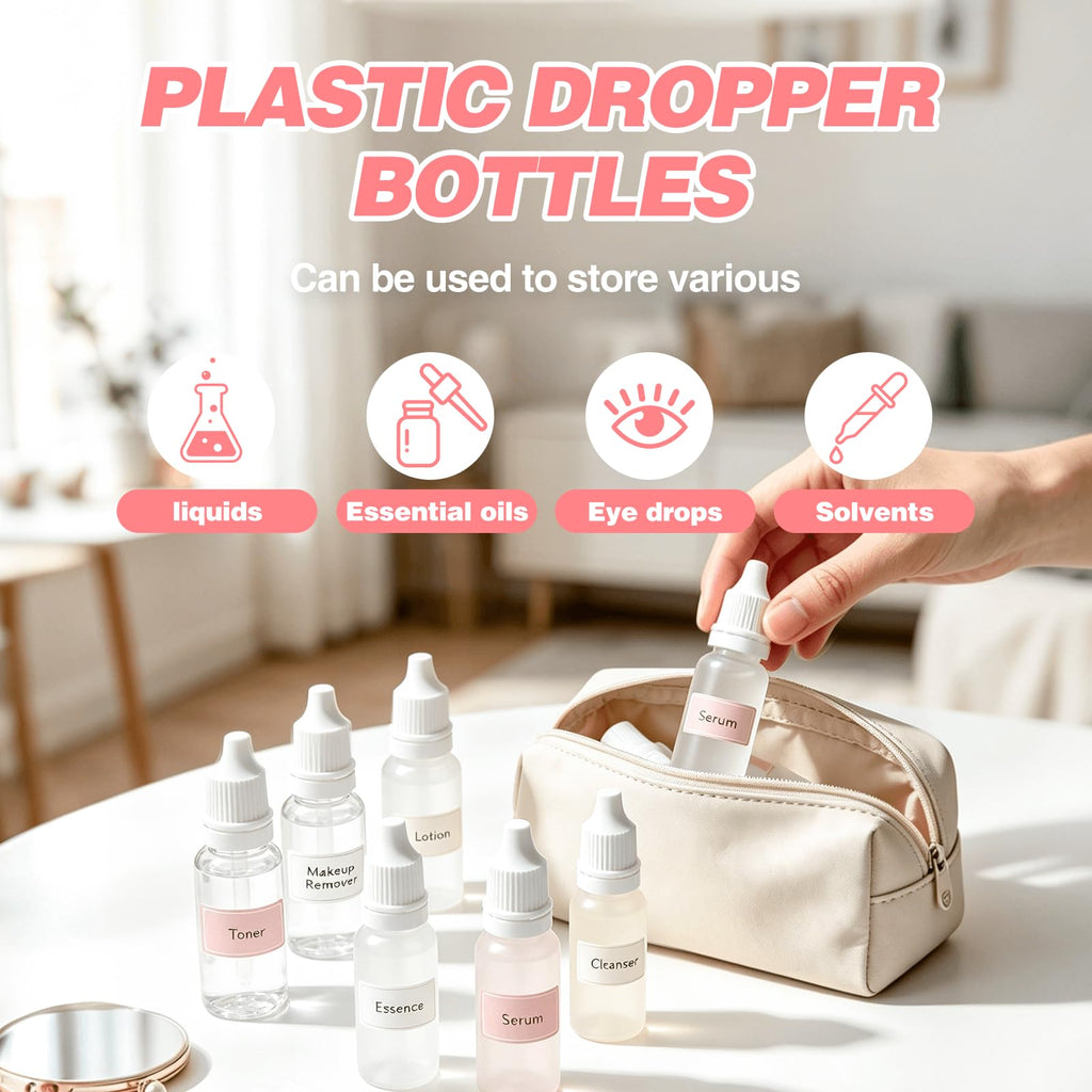 10PCS Small Plastic Dropper Bottles + 2 Funnel + 1 Sticker, 10ml（0.33oz）/15ml（0.5oz） Eye Liquid Dropper Bottles Five of Each, Squeezable Travel Bottle, Ideal for DIY Projects, Essential Oils