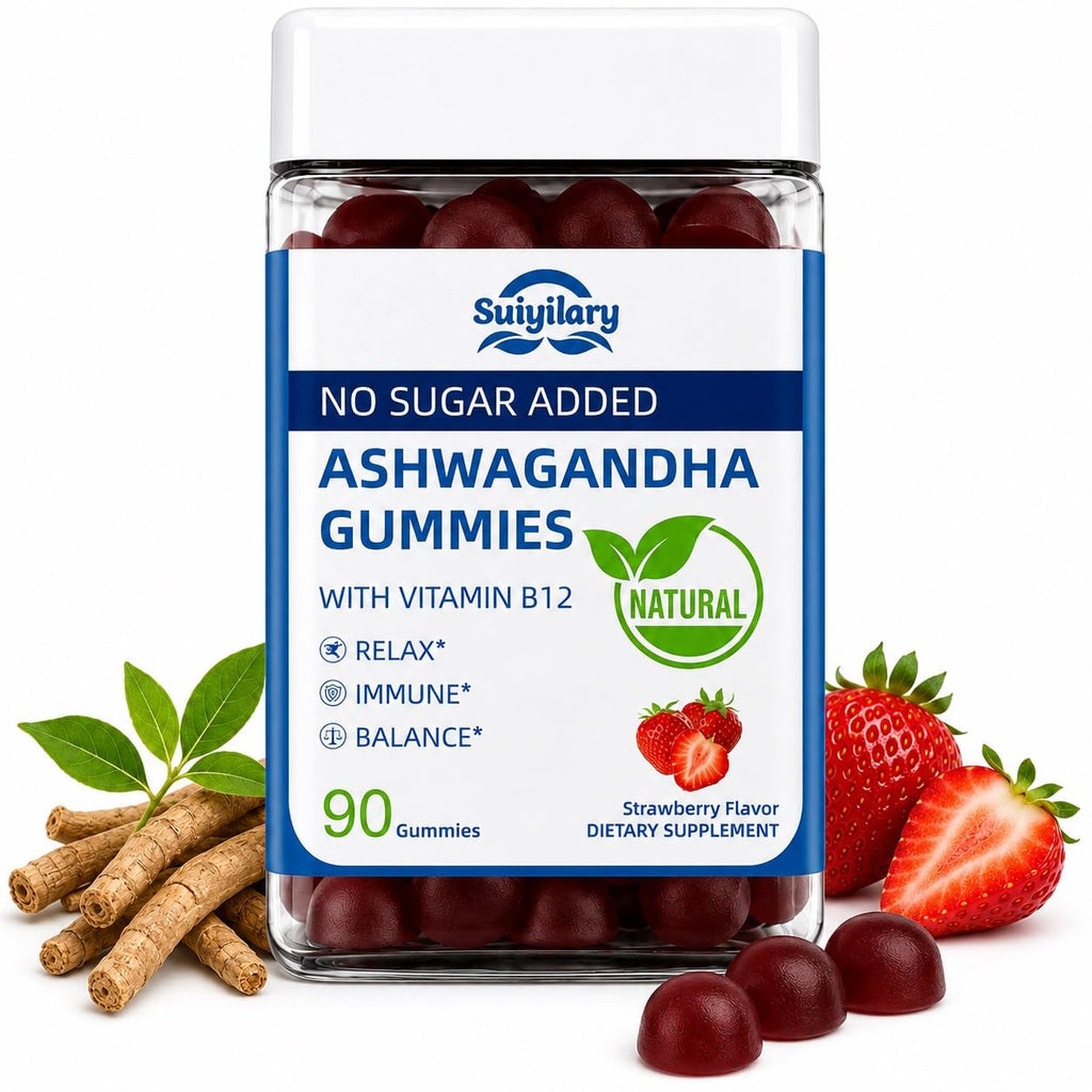 Suiyilary Ashwagandha Gummies 2000mg, Ashwagandha High Strength Root Extract Supplement with Vitamin B12 for Men Women, Strawberry Flavour 45 Days Supply 90 Gummies