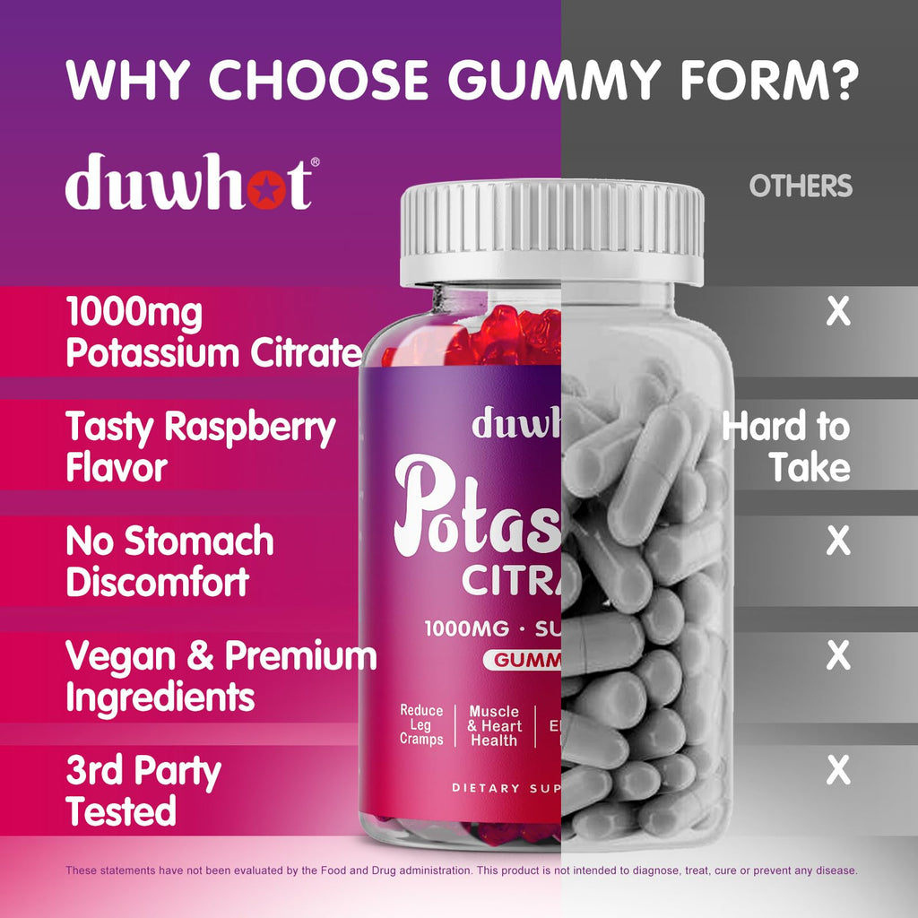 duwhot Potassium Citrate 1000mg Gummies, 60 Chewables | Potassium Supplement for Adults Women & Men, Support Leg Cramps & Muscle Health