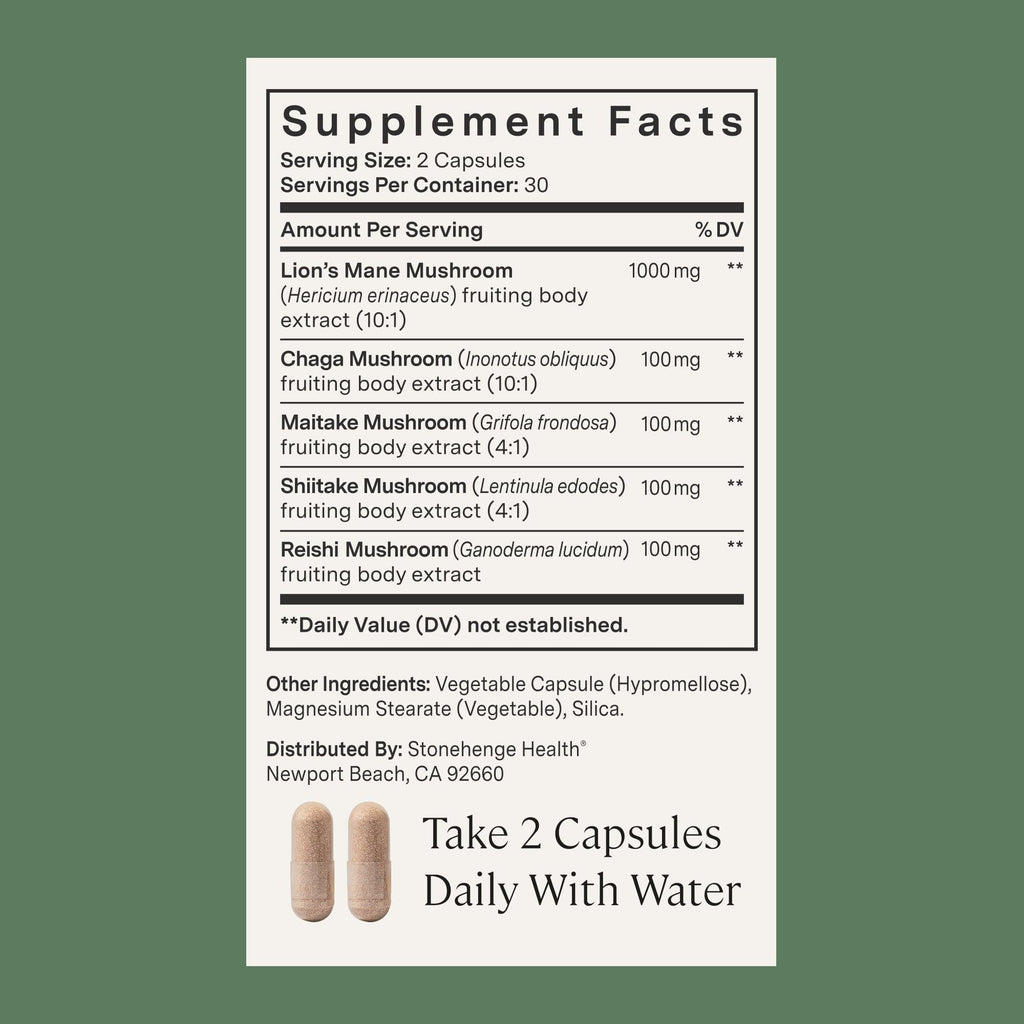 Stonehenge Health Dynamic Mushrooms® | Lions Mane+ Brain, Memory, Focus | Mushroom Supplements for Brain Memory Focus Immune Support Lion's Mane Reishi Chaga Maitake Shiitake 1400mg Fruiting Bodies