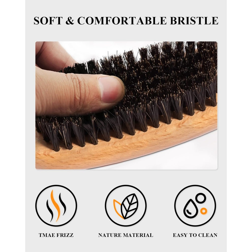 100% Boar Bristle Slick Back Hair Brush | Natural Peach Wood Handle | Restores Shine, Controls Frizz, Smooths Flyaways | Teasing Adds Volume Styling Tool | For Sleek Ponytails, Buns & Beard Grooming