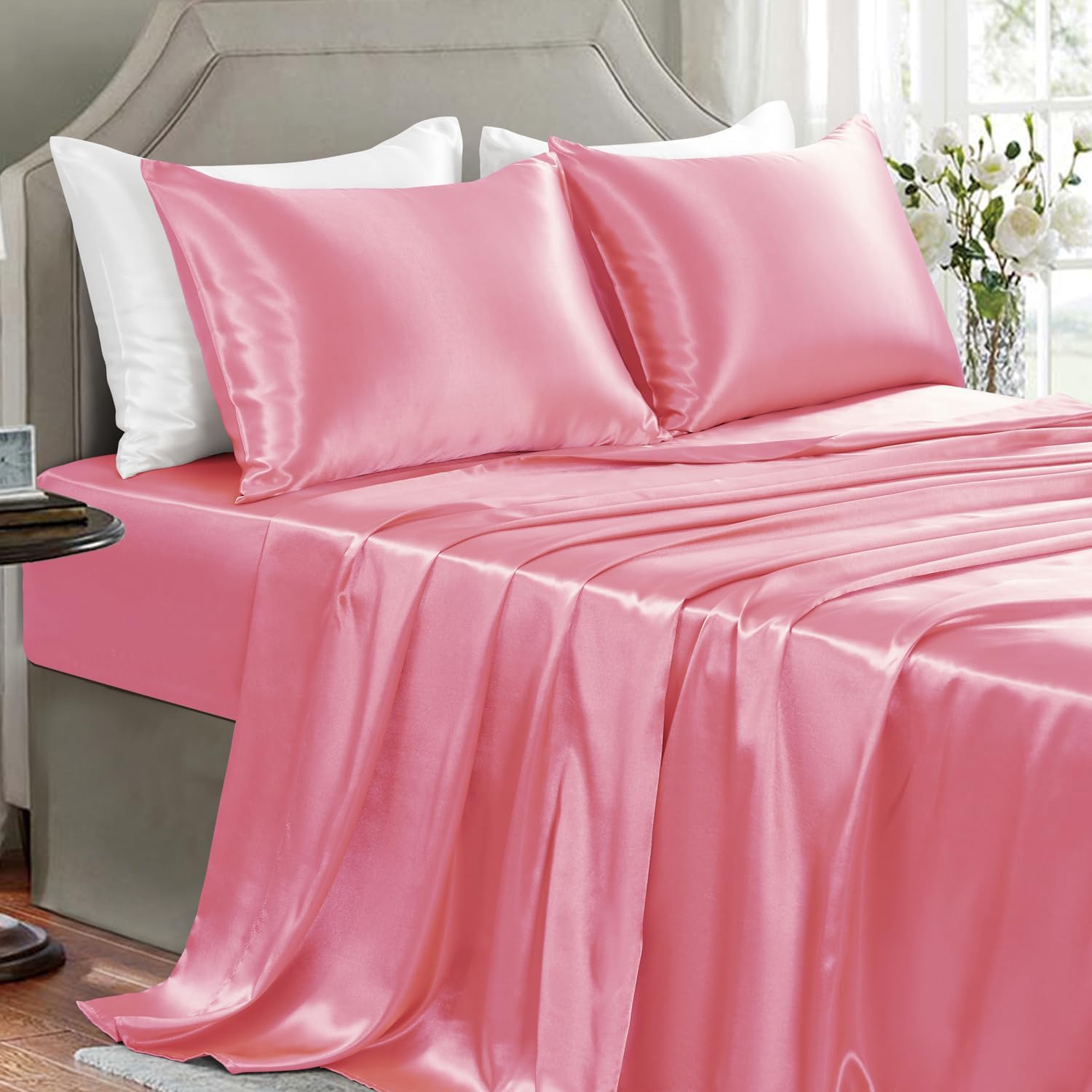 Buy now Satin Sheets King Size - 4 Pieces Luxury Silky Soft Bed Sheets, Wrinkle-Free Gold Satin Silk Sheet Set with 1 Deep Pocket Fitted Sheet, 1 Flat Sheet, 2 Pillow Cases King Pink at indiglob india