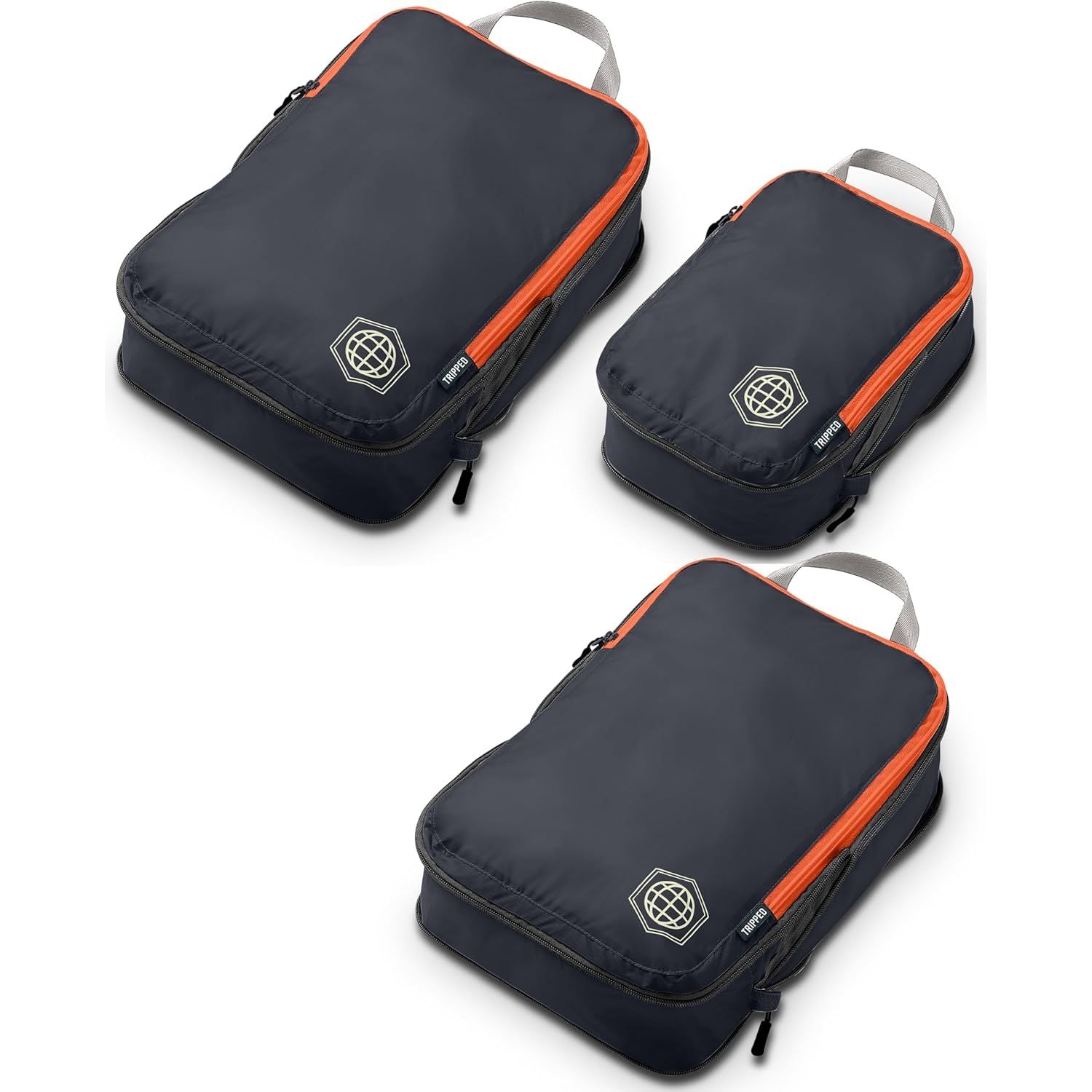 Buy now Compression Packing Cubes Set for Travel - Lightweight, Durable Clothes Organizer for Carry-On Luggage and Suitcases by TRIPPED Travel Gear 3 Piece Volcano (Grey and Orange) Weekender Set at indiglob india