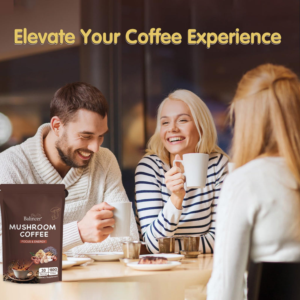 Mushroom Coffee, 6 Adaptogenic Mushrooms (Lion's Mane, Cordyceps, Turkey Tail & Other) Mixed with Premium Instant Coffee for Focus, Energy, Immune and Gut Health Support, 30 Servings