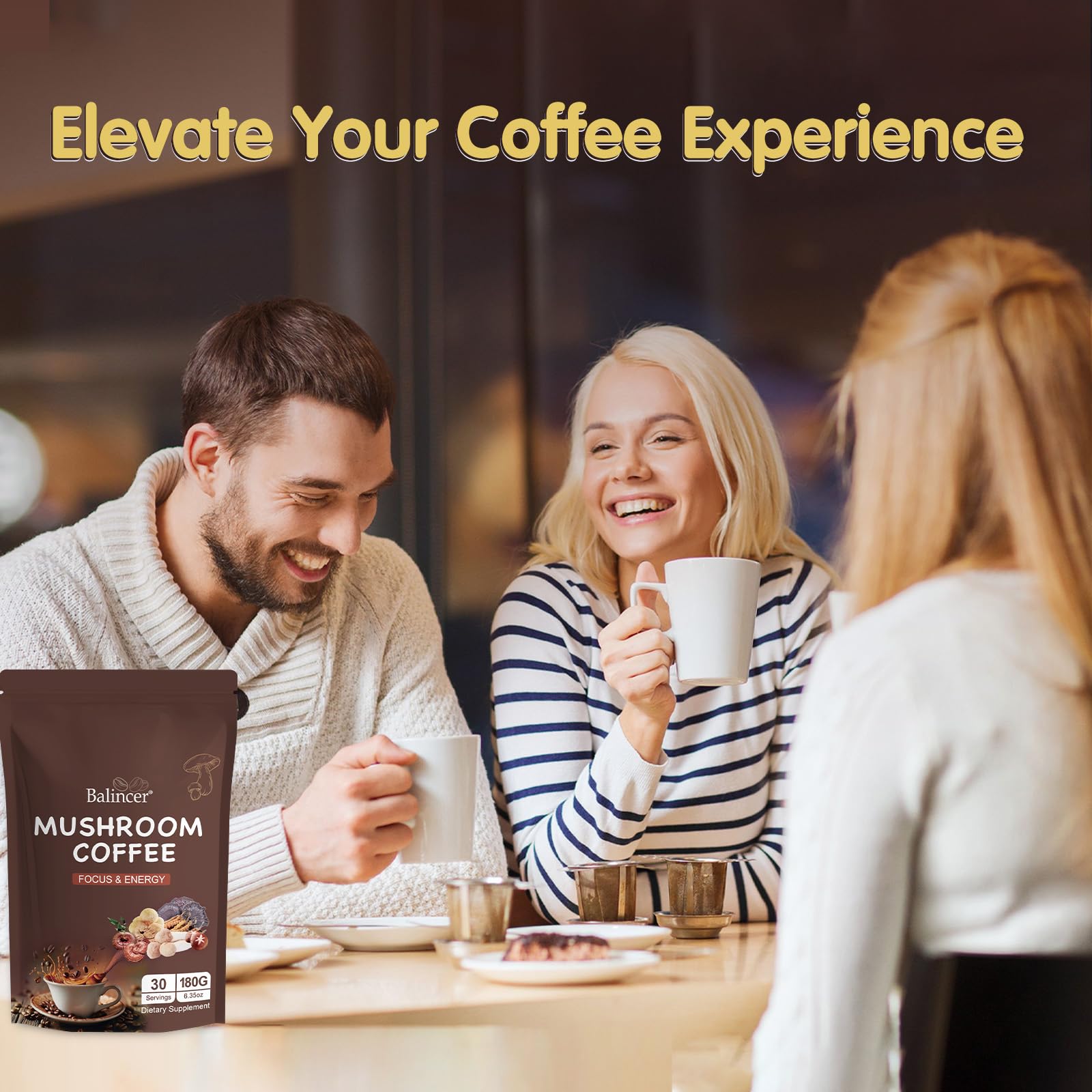 Mushroom Coffee, 6 Adaptogenic Mushrooms (Lion's Mane, Cordyceps, Turkey Tail & Other) Mixed with Premium Instant Coffee for Focus, Energy, Immune and Gut Health Support, 30 Servings