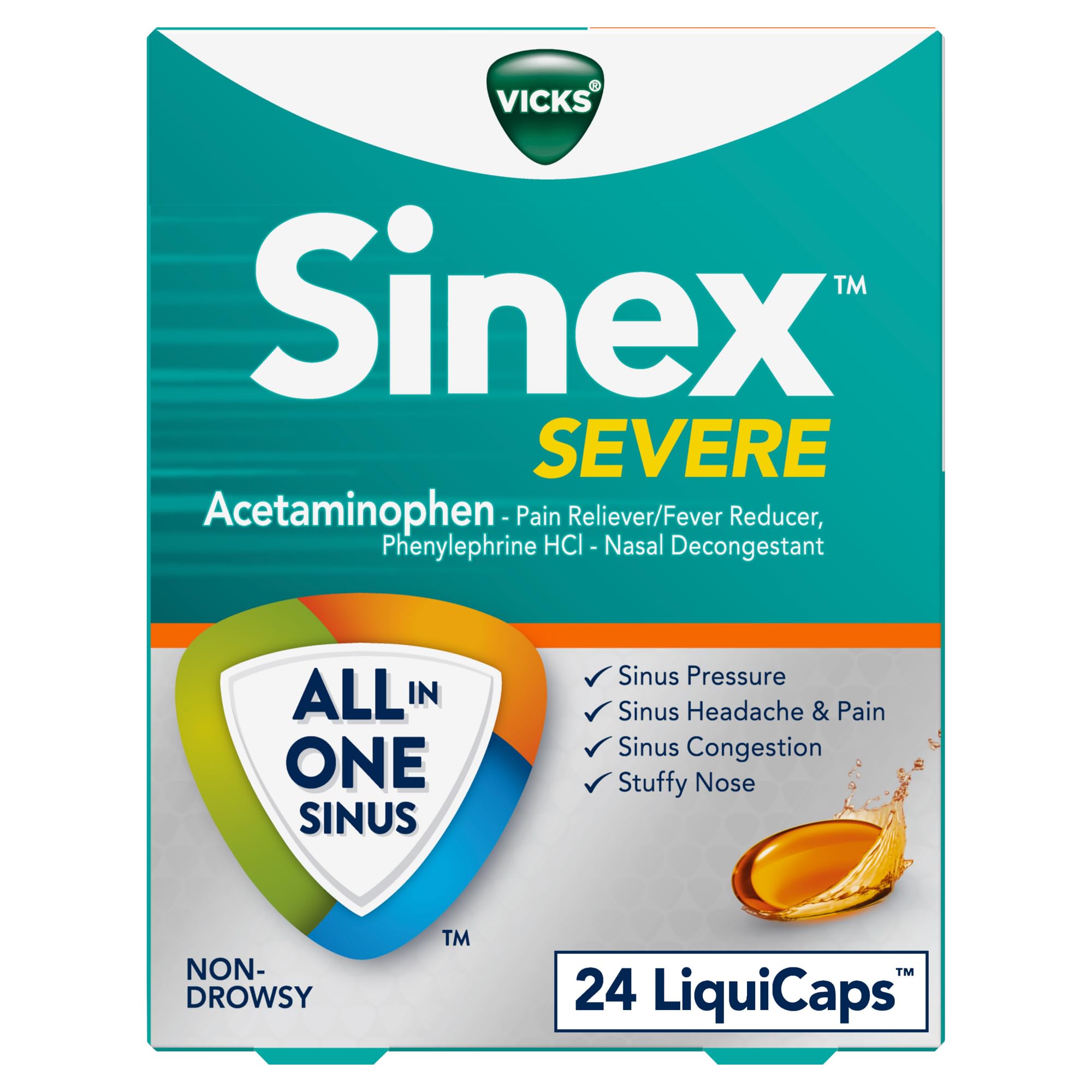 Buy now Vicks Sinex SEVERE LiquiCaps, All-In-One Sinus Relief, Non-Drowsy, Nasal Decongestant, Maximum Strength Relief of Sinus Headache, Pain, Pressure, & Congestion, 24 LiquiCaps at indiglob india