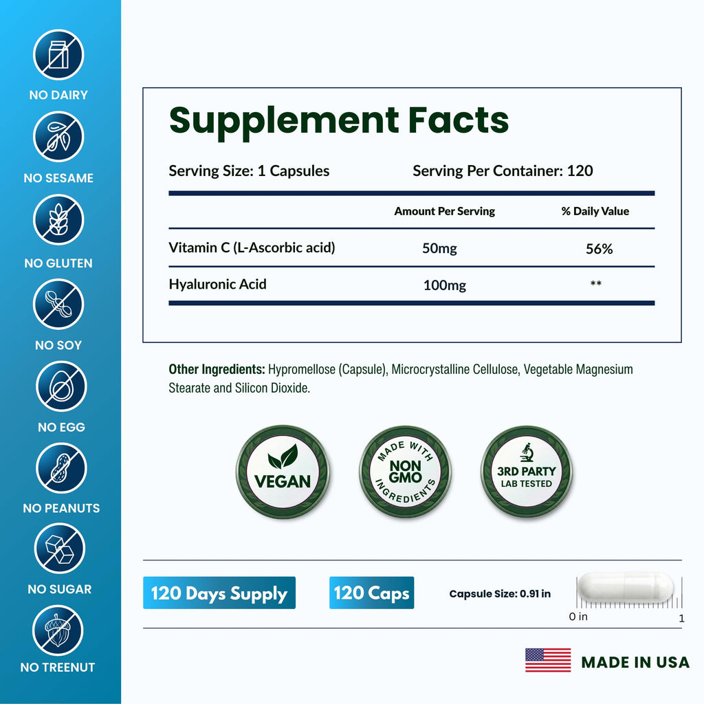 ForestLeaf Hyaluronic Acid Supplements | 100mg High Bioavailable Dietary Hyaluronic Acid Powder Capsules + 50mg VIT C | Supports Skin Hydration, Joint Lubrication, Anti-Aging, Hair & Nails | 120 Caps