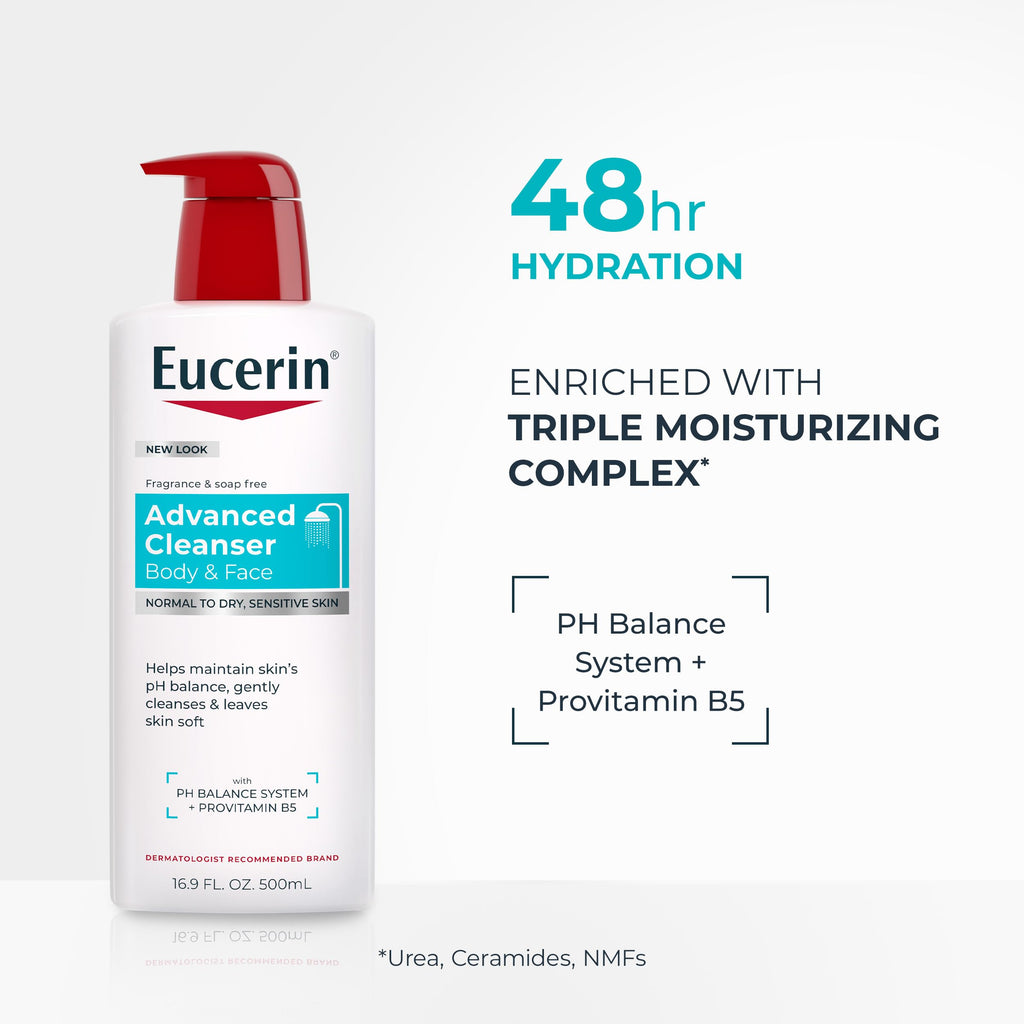 Eucerin Advanced Repair Body and Face Cleanser, 16.9 FL OZ | Body Wash and Face Cleanser with Provitamin B5, Gentle Wash for Normal to Dry, Sensitive Skin, Soap Free, Fragrance Free