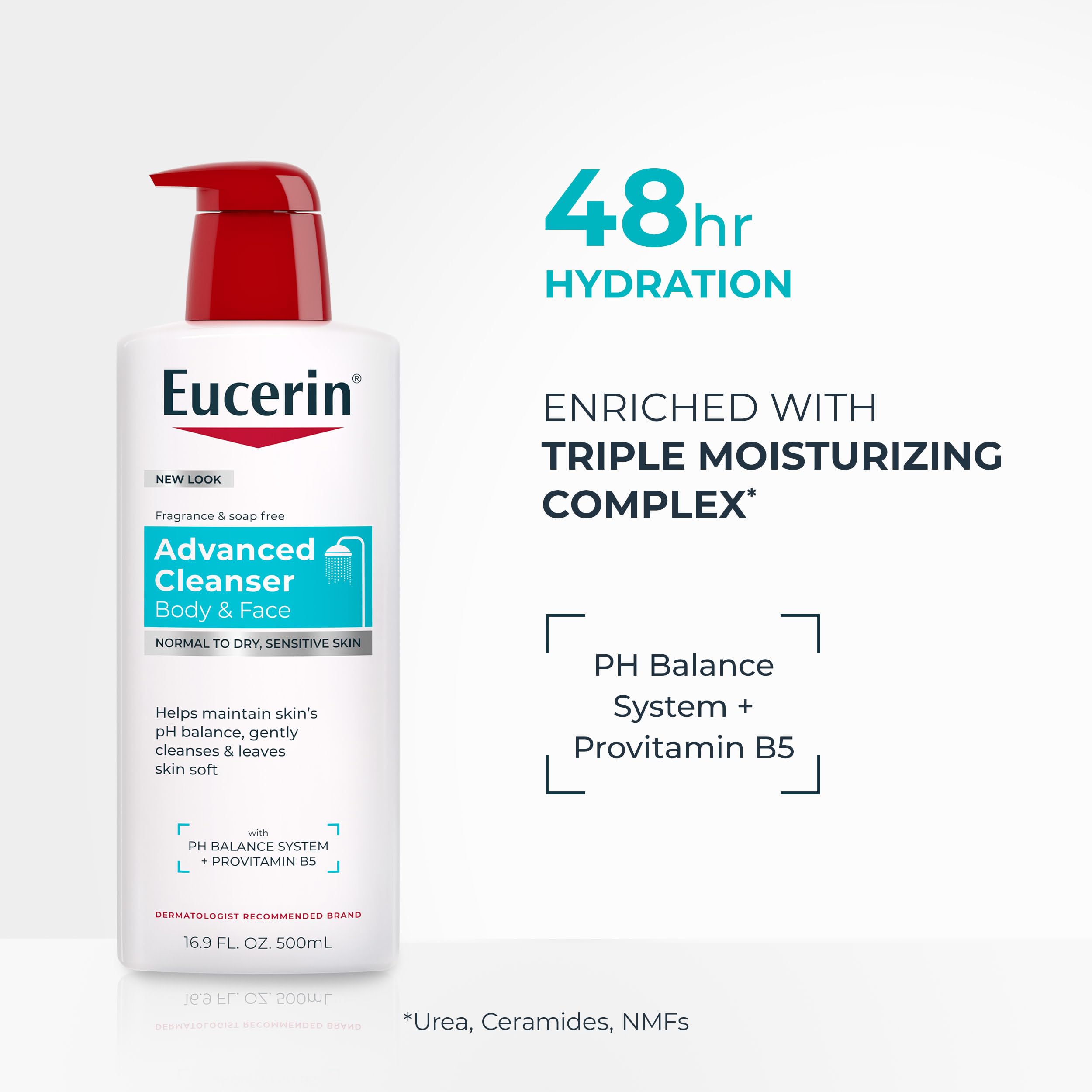 Eucerin Advanced Repair Body and Face Cleanser, 16.9 FL OZ | Body Wash and Face Cleanser with Provitamin B5, Gentle Wash for Normal to Dry, Sensitive Skin, Soap Free, Fragrance Free