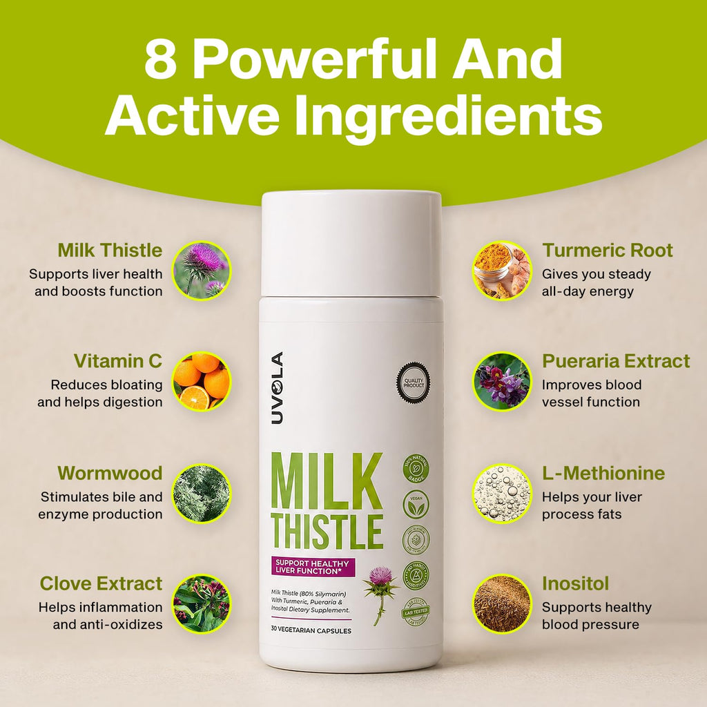 Uvola Milk Thistle Liver Detox - 100% Natural Vegan Support - 60 Capsules | Official Brand, Silymarin, 8 In 1 Blend, Non-GMO, Gluten-Free, Soy-Free, Antioxidant Support, Health Detox