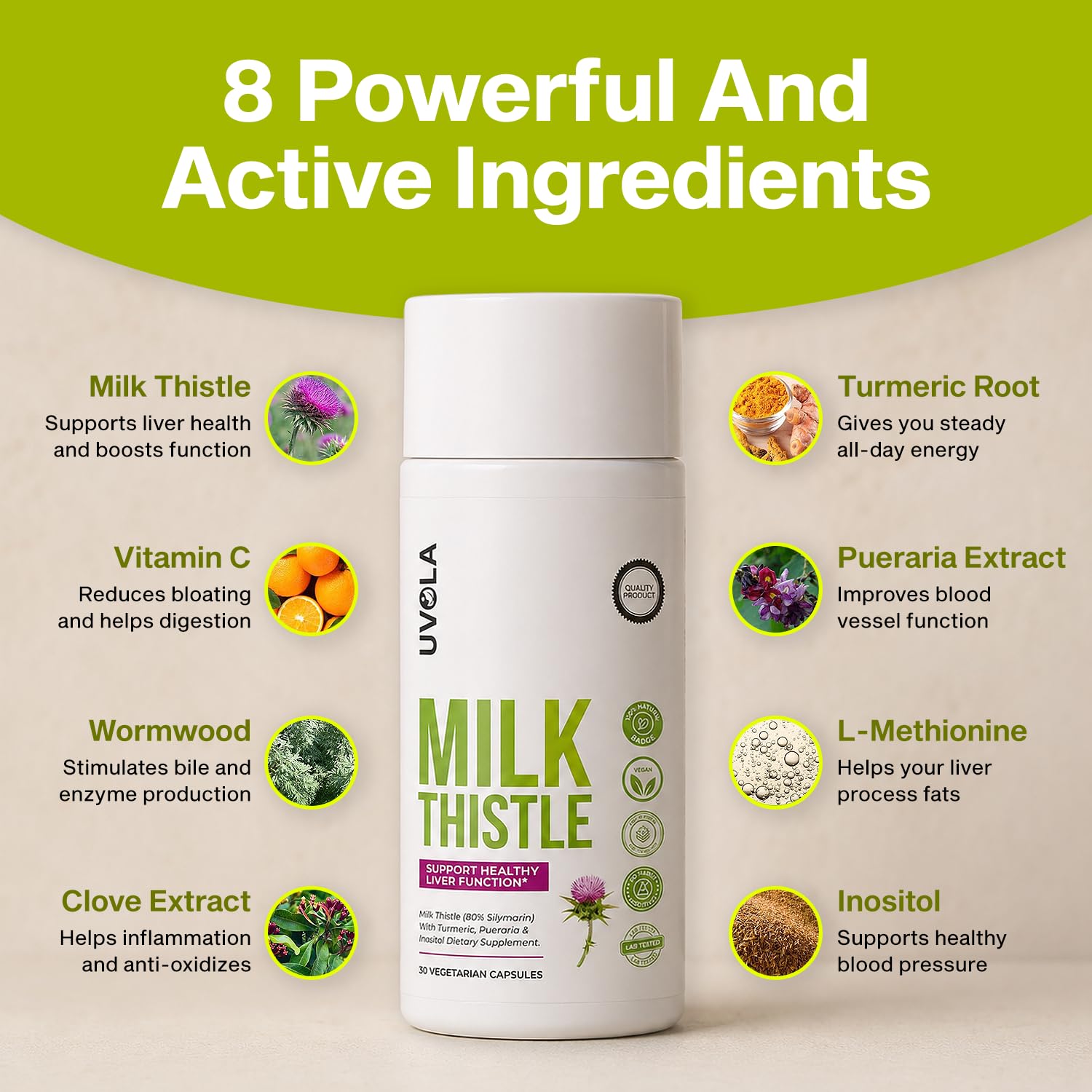 Uvola Milk Thistle Liver Detox - 100% Natural Vegan Support - 60 Capsules | Official Brand, Silymarin, 8 In 1 Blend, Non-GMO, Gluten-Free, Soy-Free, Antioxidant Support, Health Detox