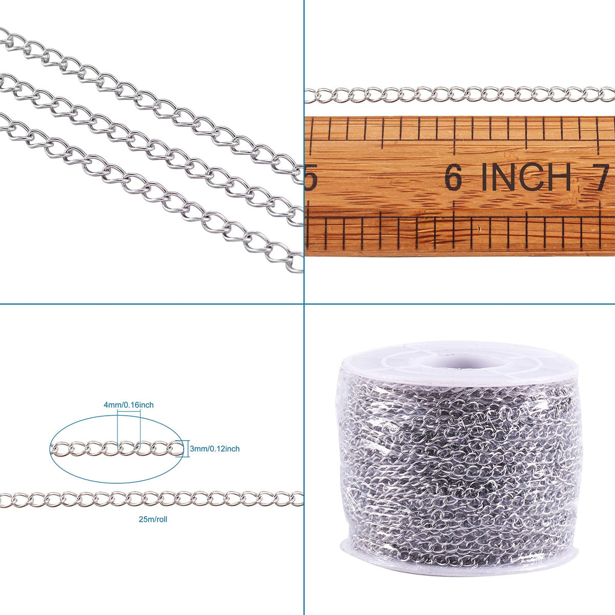 Pandahall 82 Feet/25M Soldered 304 Stainless Steel Curb Chains 4x3x0.6mm Stainless Steel Color Plated for Jewelry Making