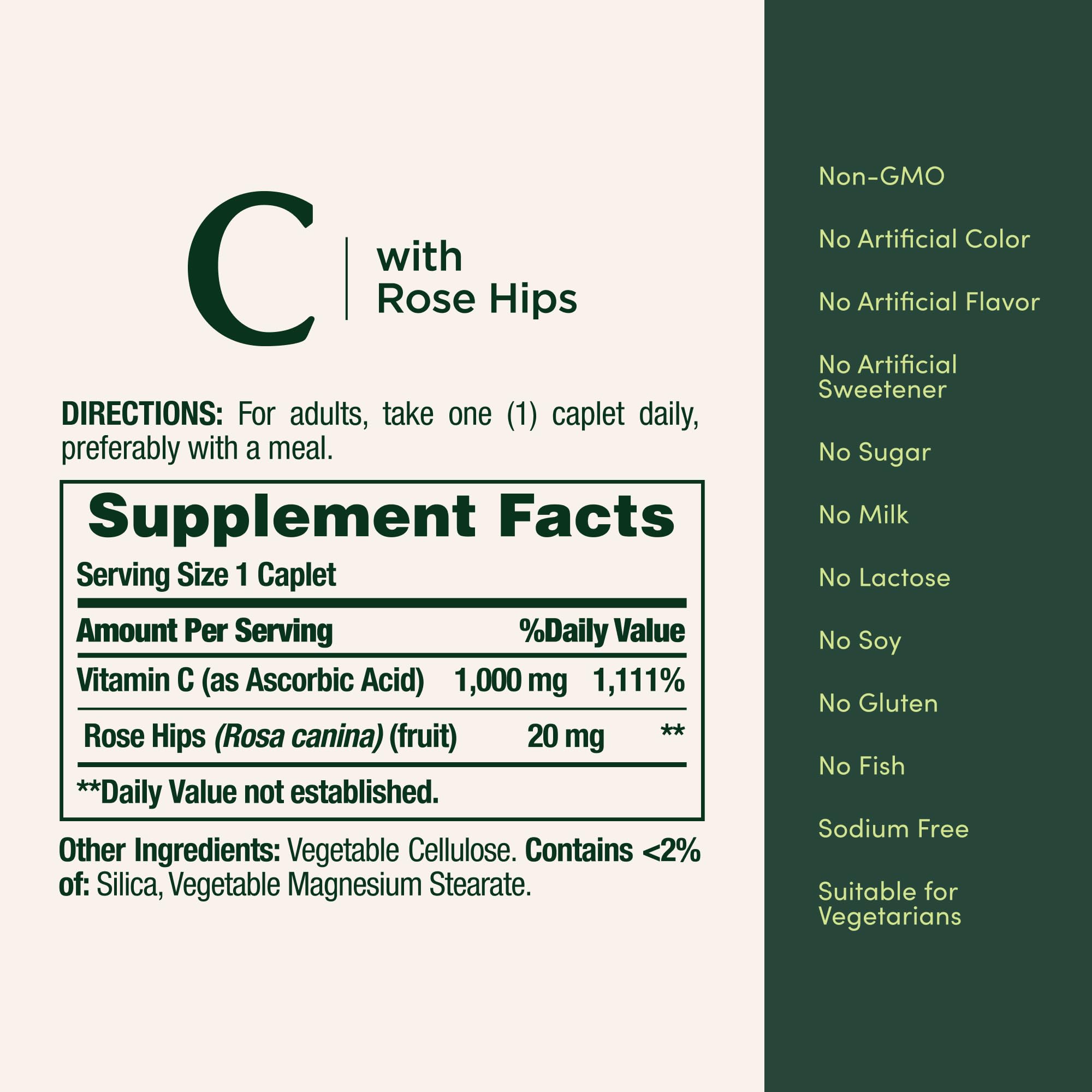 Nature's Bounty Vitamin C + Rose Hips, Vegetarian Caplets, 100 Count