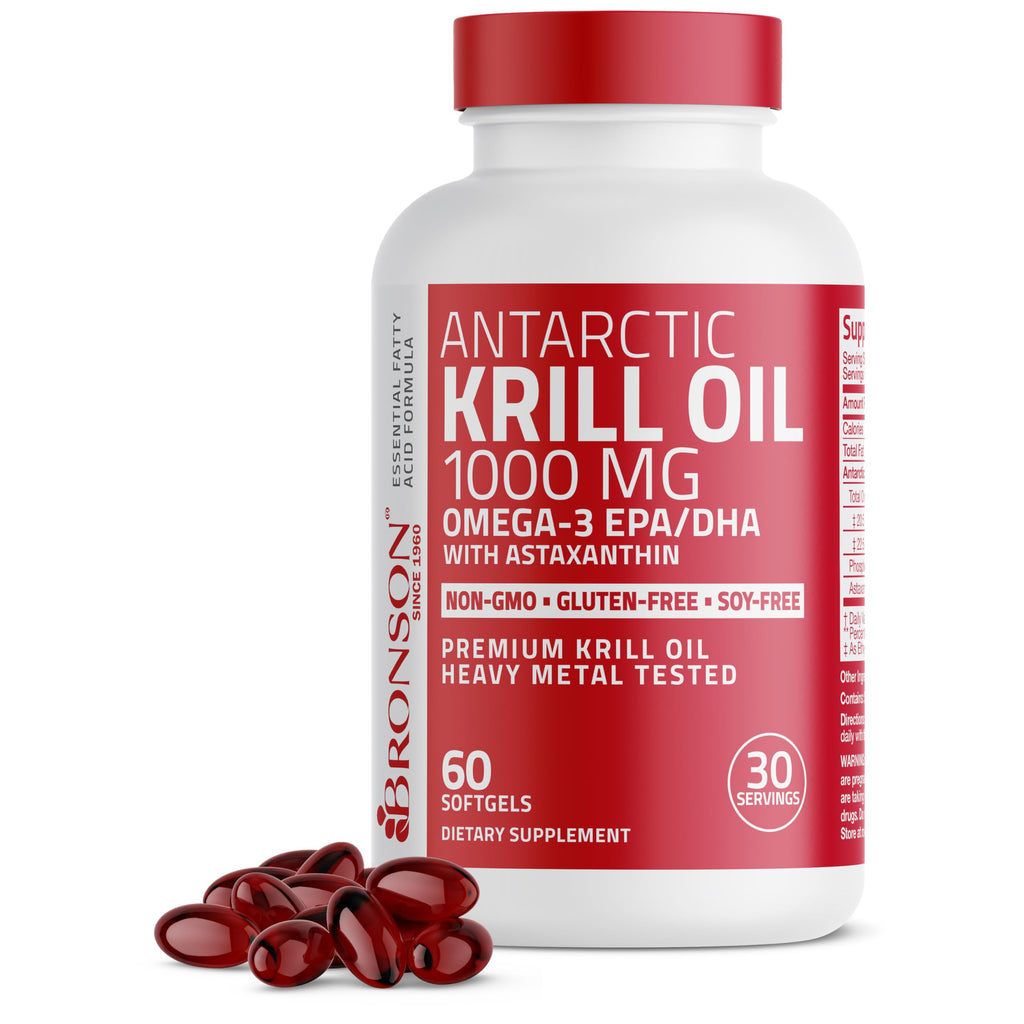 Bronson Antarctic Krill Oil 1000 mg with Omega-3s, 180 Softgels | Heavy Metal Tested, with EPA, DHA, Astaxanthin and Phospholipids, Non-GMO, Gluten Free, Soy Free