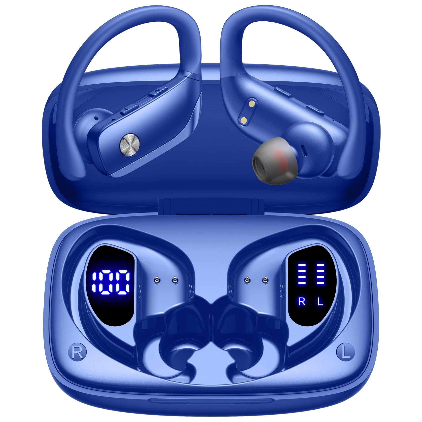 Buy now bmani Ear Buds Wireless Earbuds Bluetooth Headphones with 80H Playtime LED Display Case, Over-Ear Hook with Mic, Stereo Sound, Easy Button Controls, Sports Earphones for Running Workout Gym Black Standard Blue at indiglob india