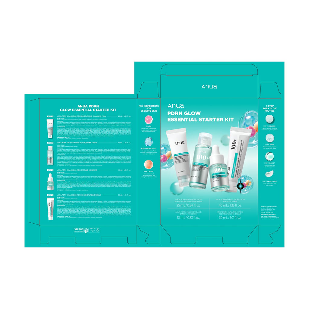 Anua Salmon DNA PDRN Glow Essential Starter Kit | Hyaluronic Acid Skincare Set, Glass Skin Routine with Firming & Hydrating Cleanser, Toner, Serum & Cream, Korean Skincare