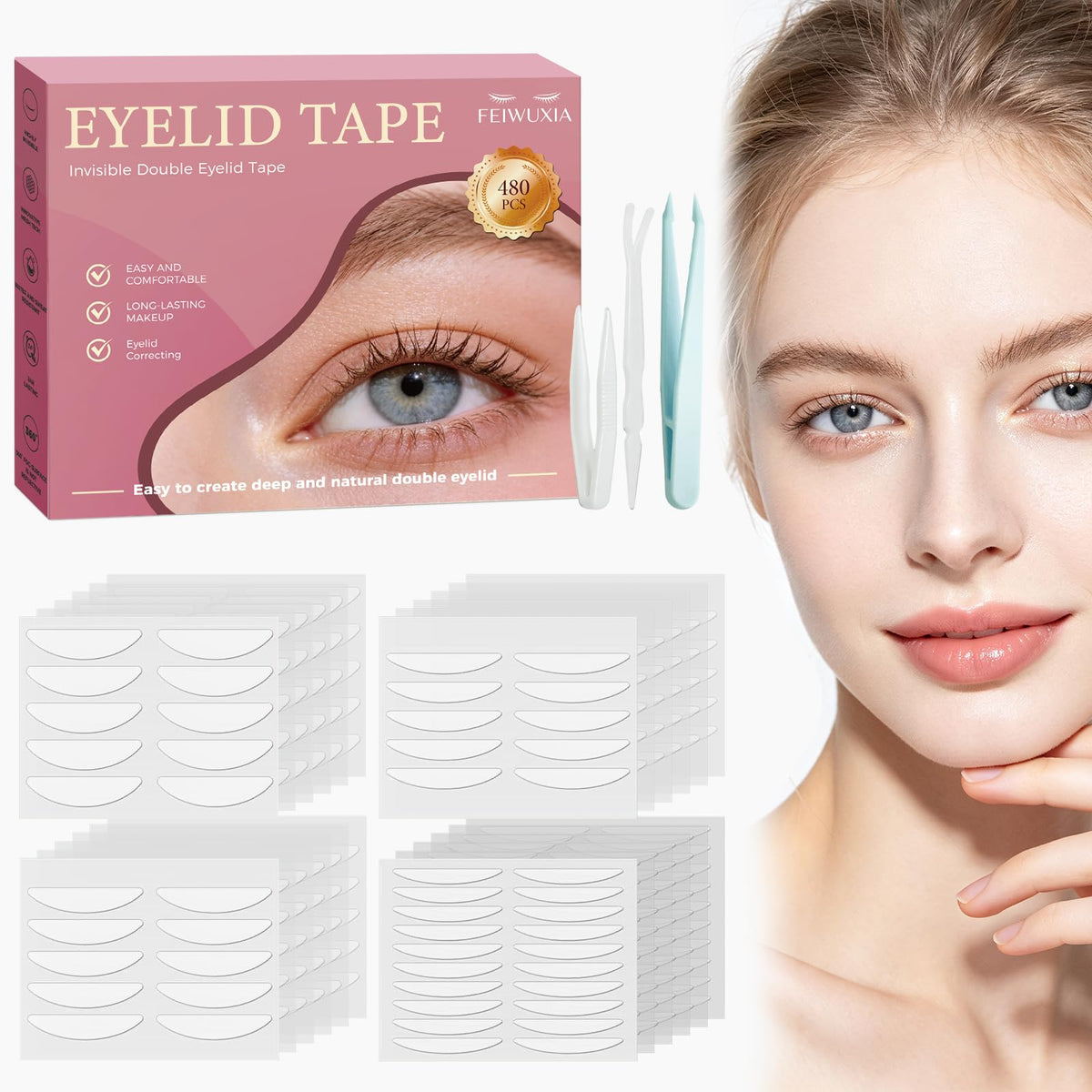 Eyelid Tape, Eyelid Lifter Strips, Eyelid Tape for Hooded Eyes Invisible, Waterproof Double Eyelid Tape, Suitable for Uneven or Monolids, Eye Lift Without Surgery - 480PCS