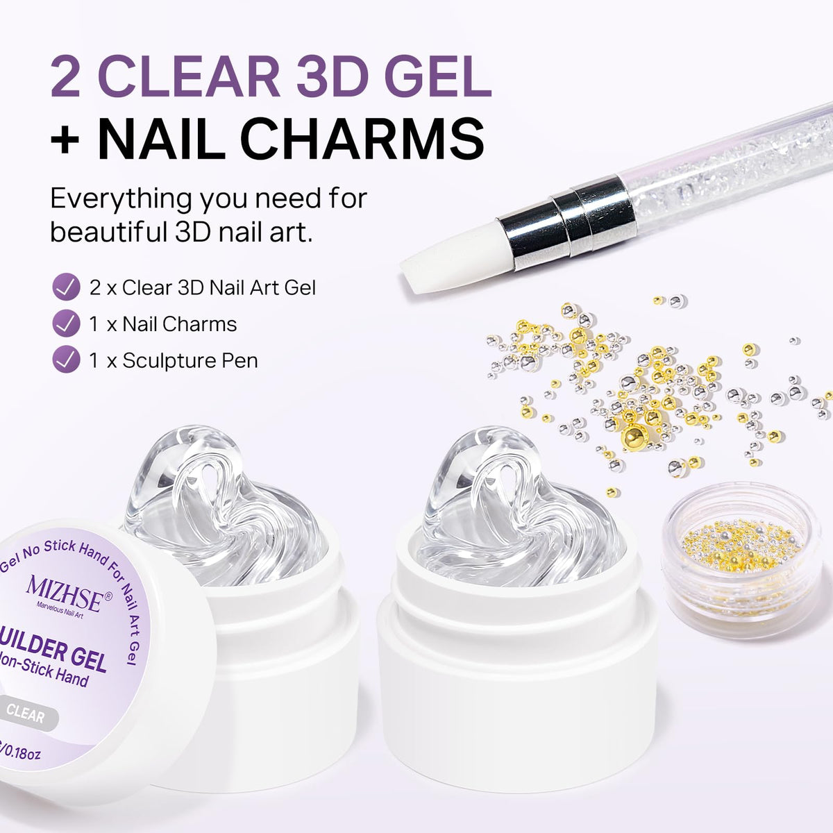 MIZHSE 3D Sculpting Gel set includes two clear gel pots, nail charms, and a sculpting pen for authentic nail art creation.