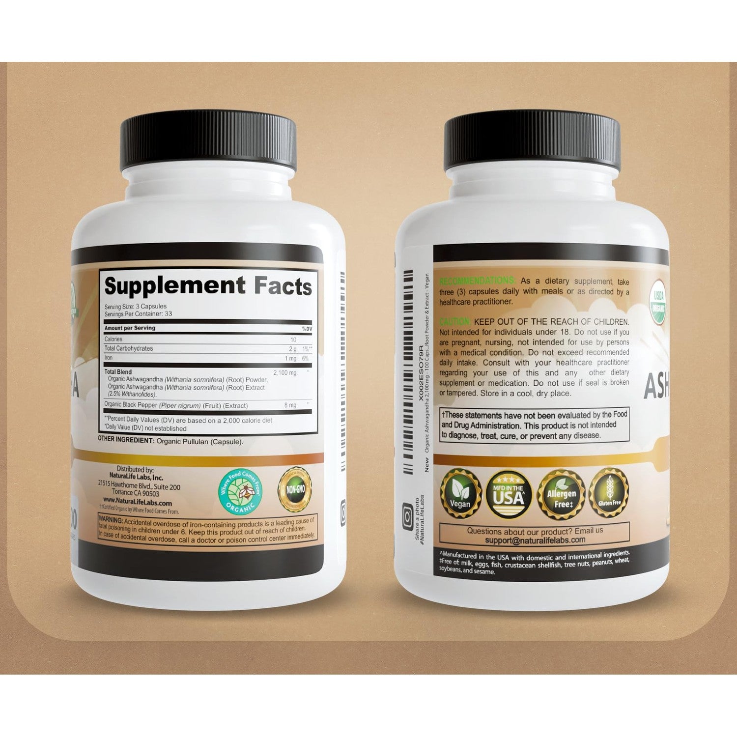 NaturaLife Labs Organic Ashwagandha 2100 mg per Serving – Full Spectrum Root Powder and Standardized Extract (Withanolides) – 100 Capsules – Vegan – Non-GMO, Gluten-Free