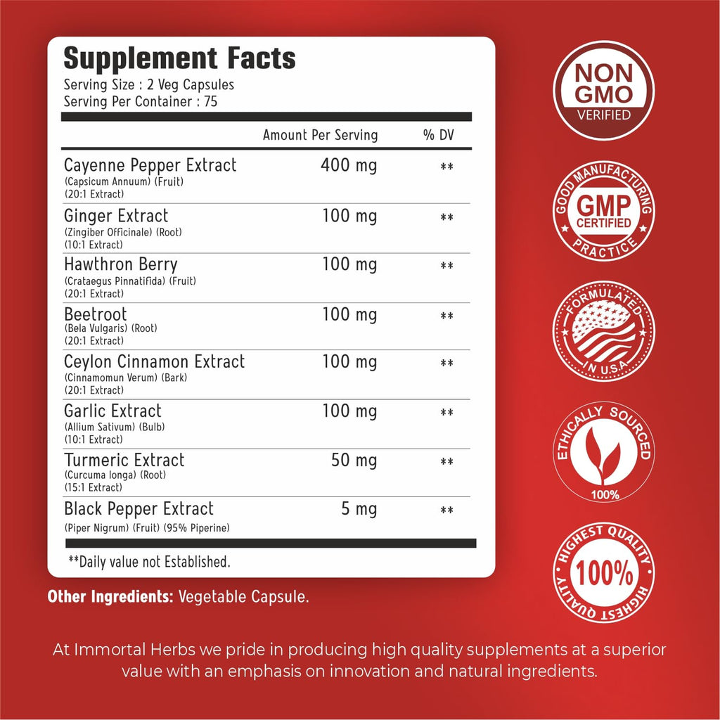 Cayenne Pepper Capsules w/Garlic, Ginger, Hawthorn, Turmeric, Cinnamon, Beet Root and Black Pepper Extract, 150 Cayenne Capsules, Non-GMO & Gluten Free Capsaicin Supplement