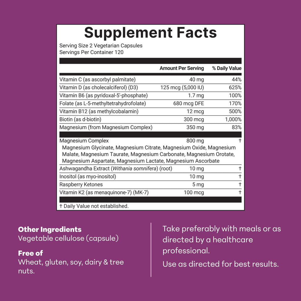 Micro Ingredients Magnesium Complex for Women, 240 Veggie Capsules | 20-in-1 with Glycinate, Citrate & More + D3, K2, Methylated B Complex, Biotin, Inositol & Ashwagandha. Filler Free, Non-GMO.