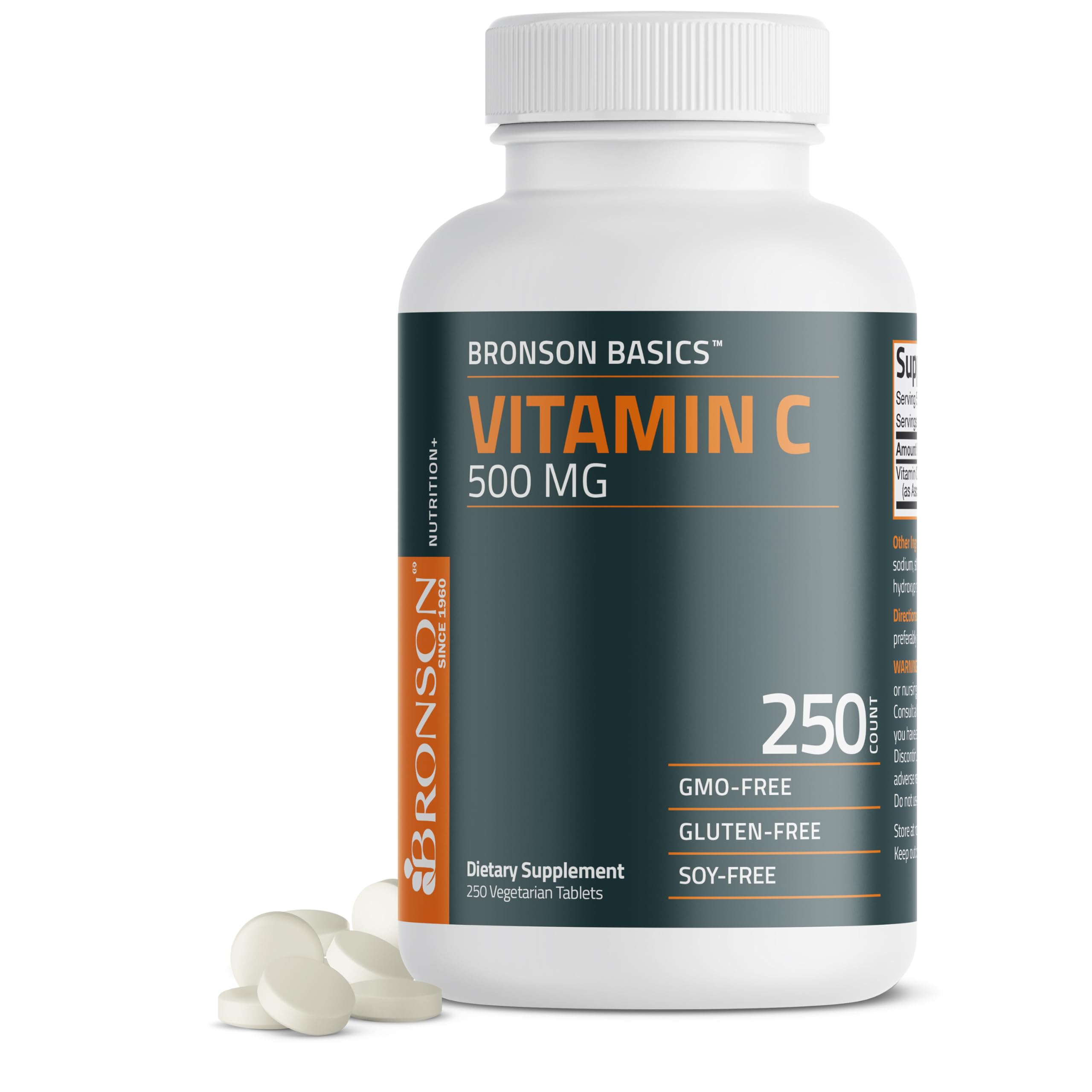 Bronson Vitamin C 500 mg Immune & Antioxidant Support, Non-GMO, 250 Tablets | Daily Vitamin C Replenishment, Vegetarian Formula, Gluten-Free & Soy-Free