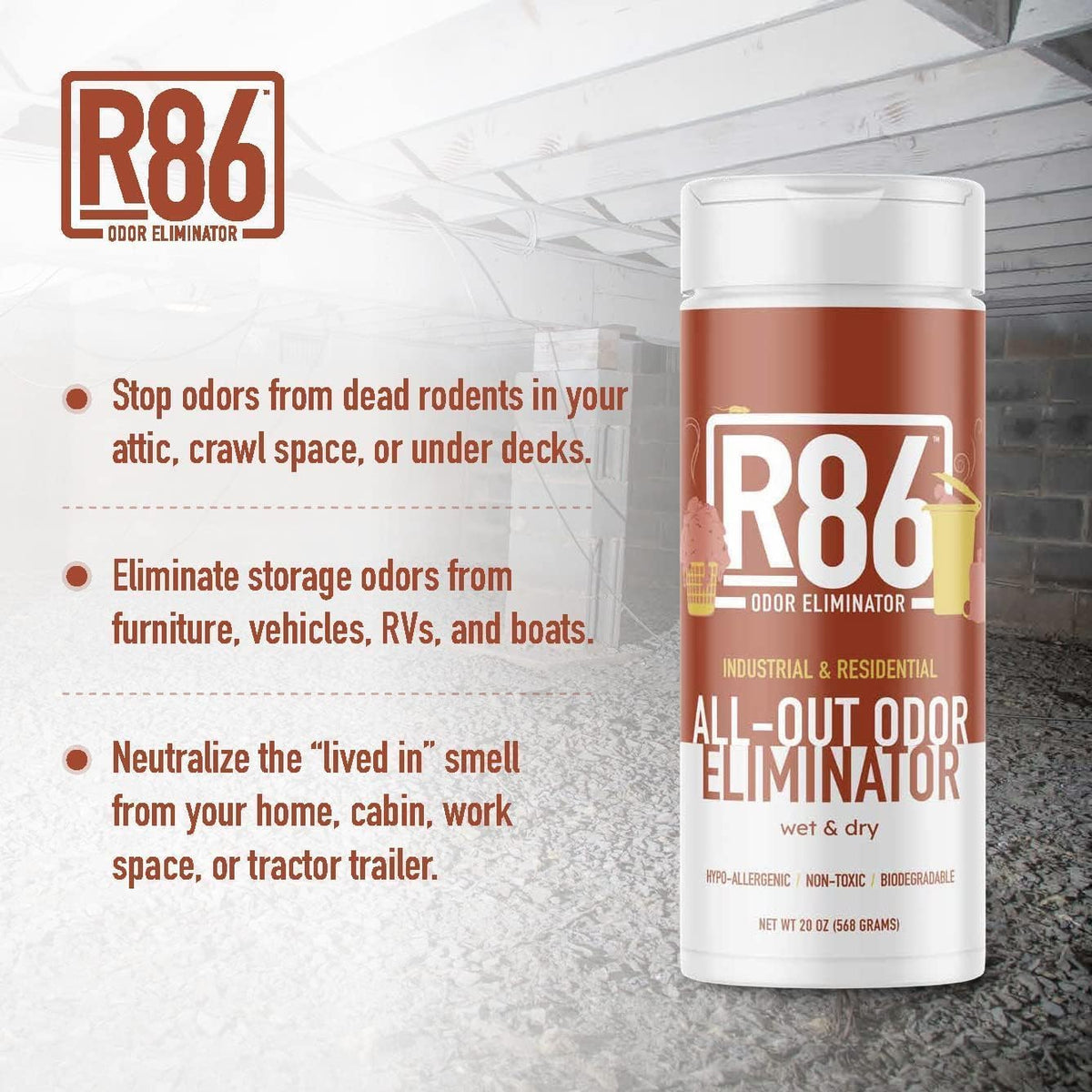 R86 Industrial All-Out Odor Eliminator, Removes Dead Animal Odor, Skunk Odor, Urine, Poop, Musty Basement & More – Natural Formula, Use Wet or Dry