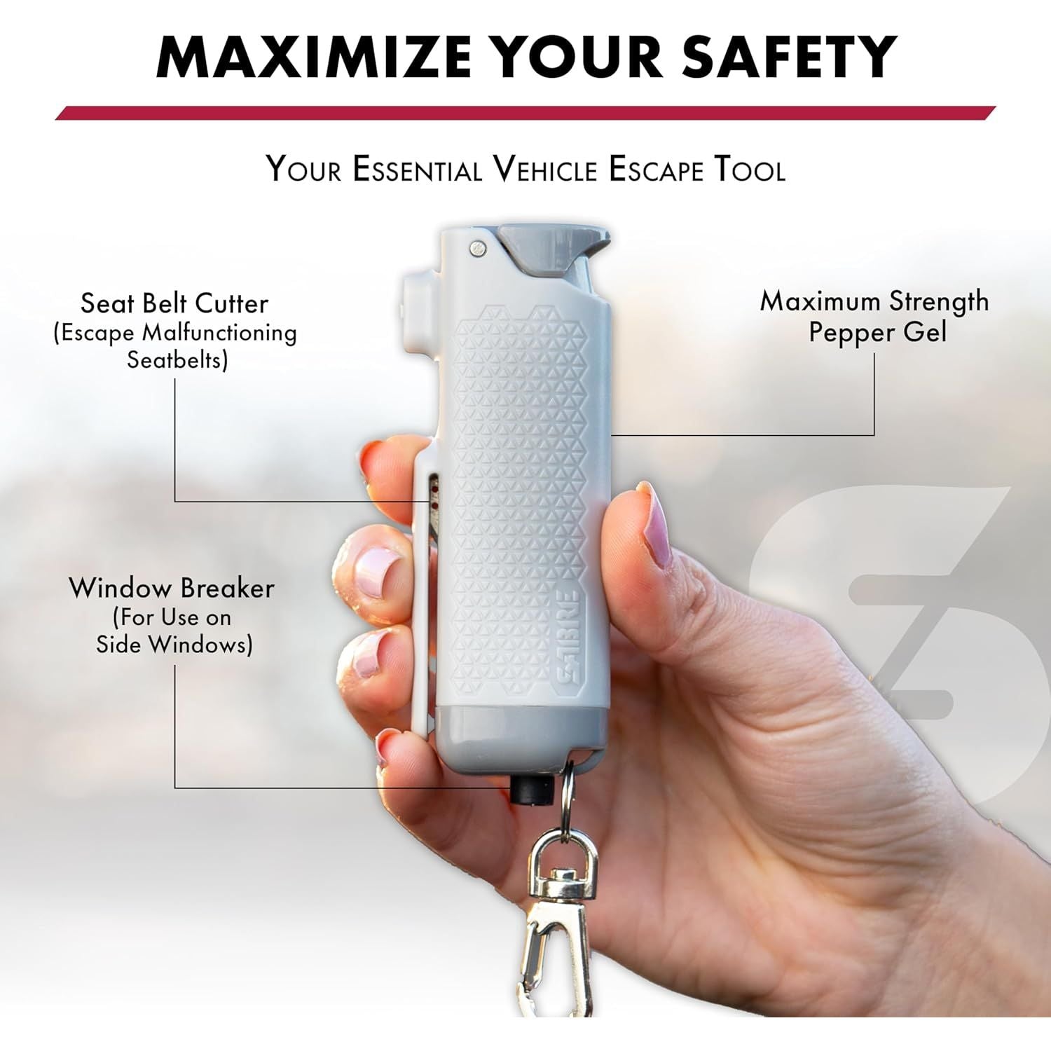 Buy now SABRE Safe Escape 3-In-1 Pepper Gel With Seat Belt Cutter & Window Breaker, Maximum Strength Pepper Spray, Snap Clip Keychain for Easy Carry & Fast Access, 0.54 fl oz, Easy to Use Fast Flip Top Safety at indiglob india