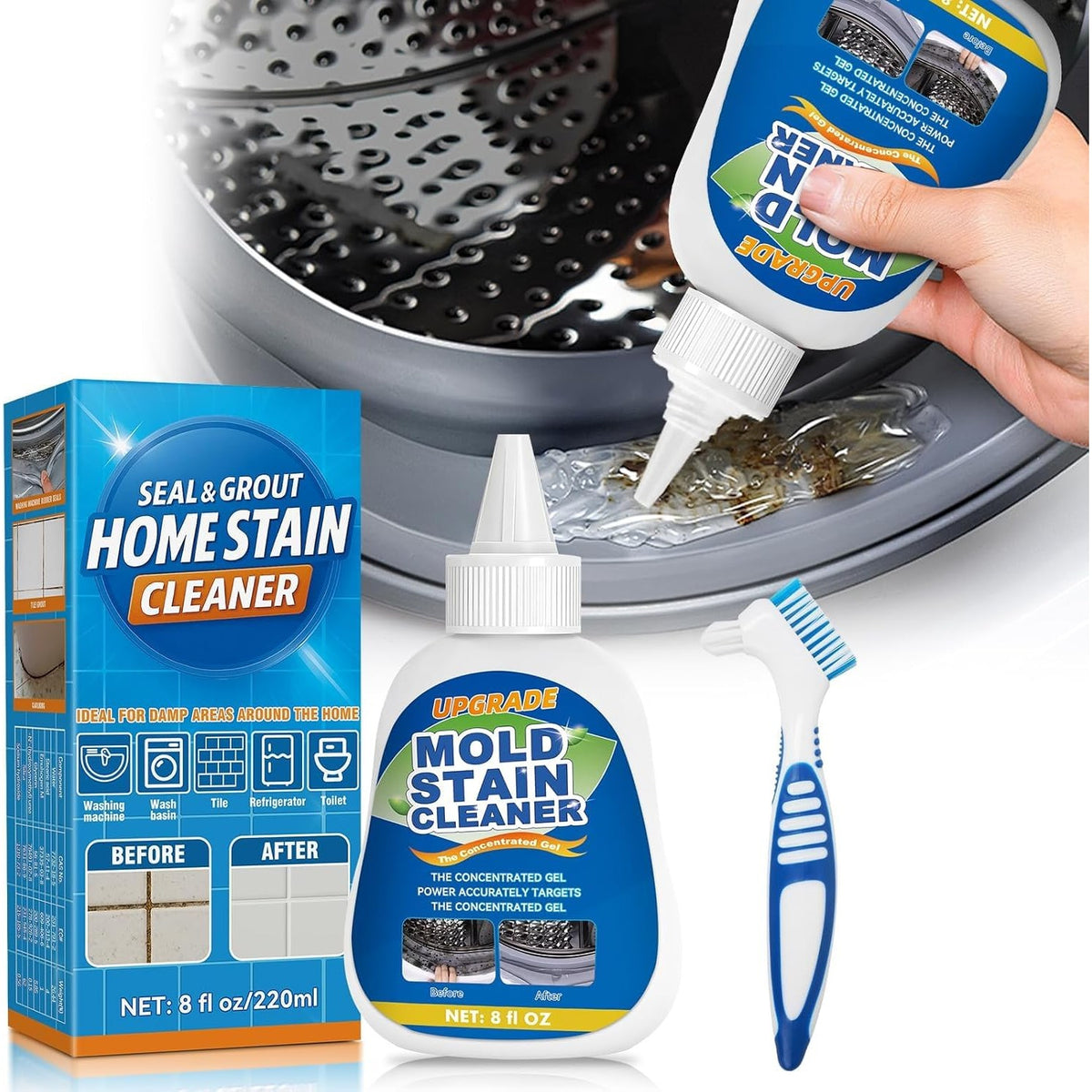 Mold Stain Cleaner Gel, 8 FL oz Heavy-Duty Household Cleaner for Washing Machine Gasket, Shower Caulk, Bathroom Grout & Front Loader Seal